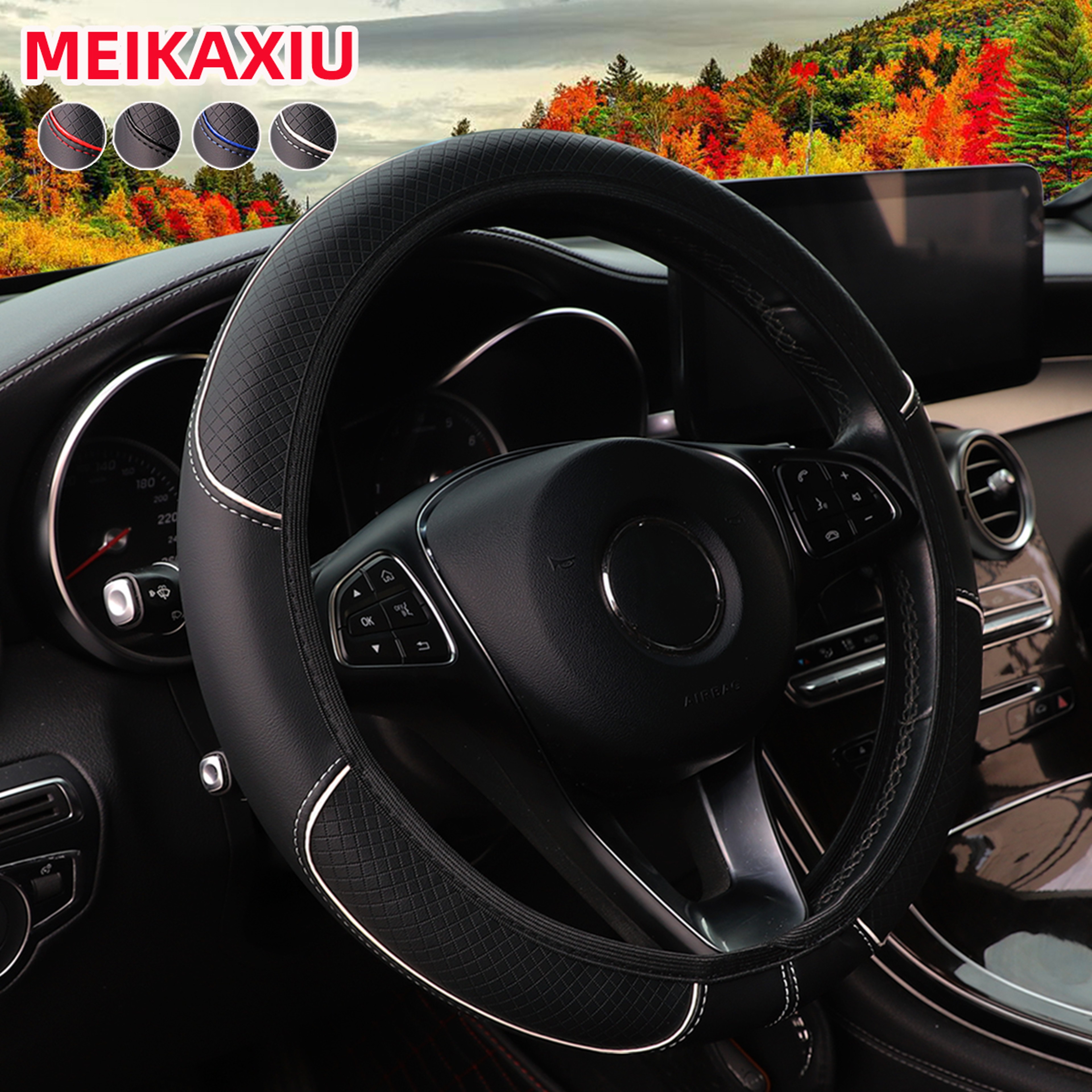 Red Blue Strip Trim Leather Embosed Steering Wheel Cover No Inner Ring Car Interior Accessories 10