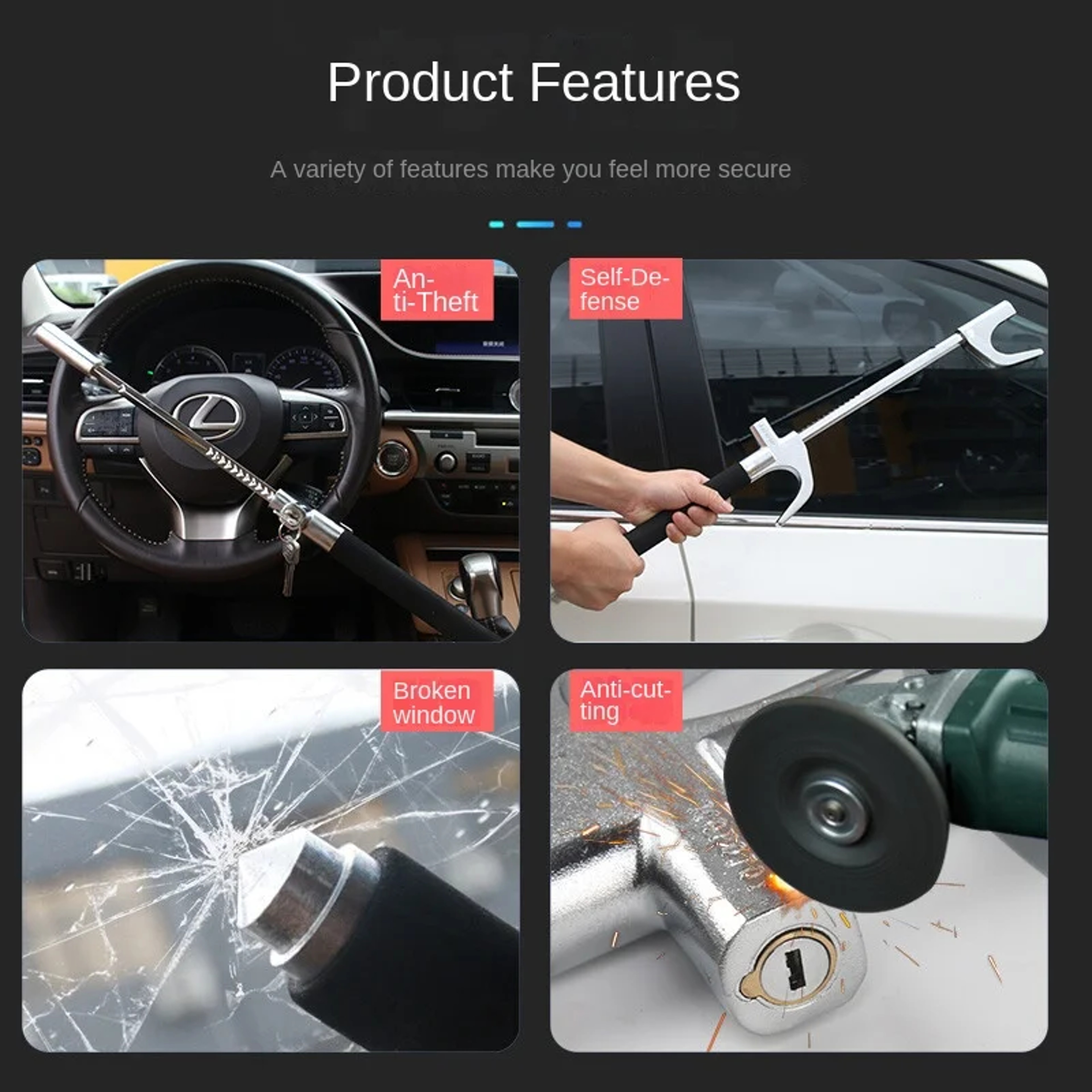 Universal Steering Wheel Lock Anti Theft Car Security Lock With Adjustable Double Hook 4