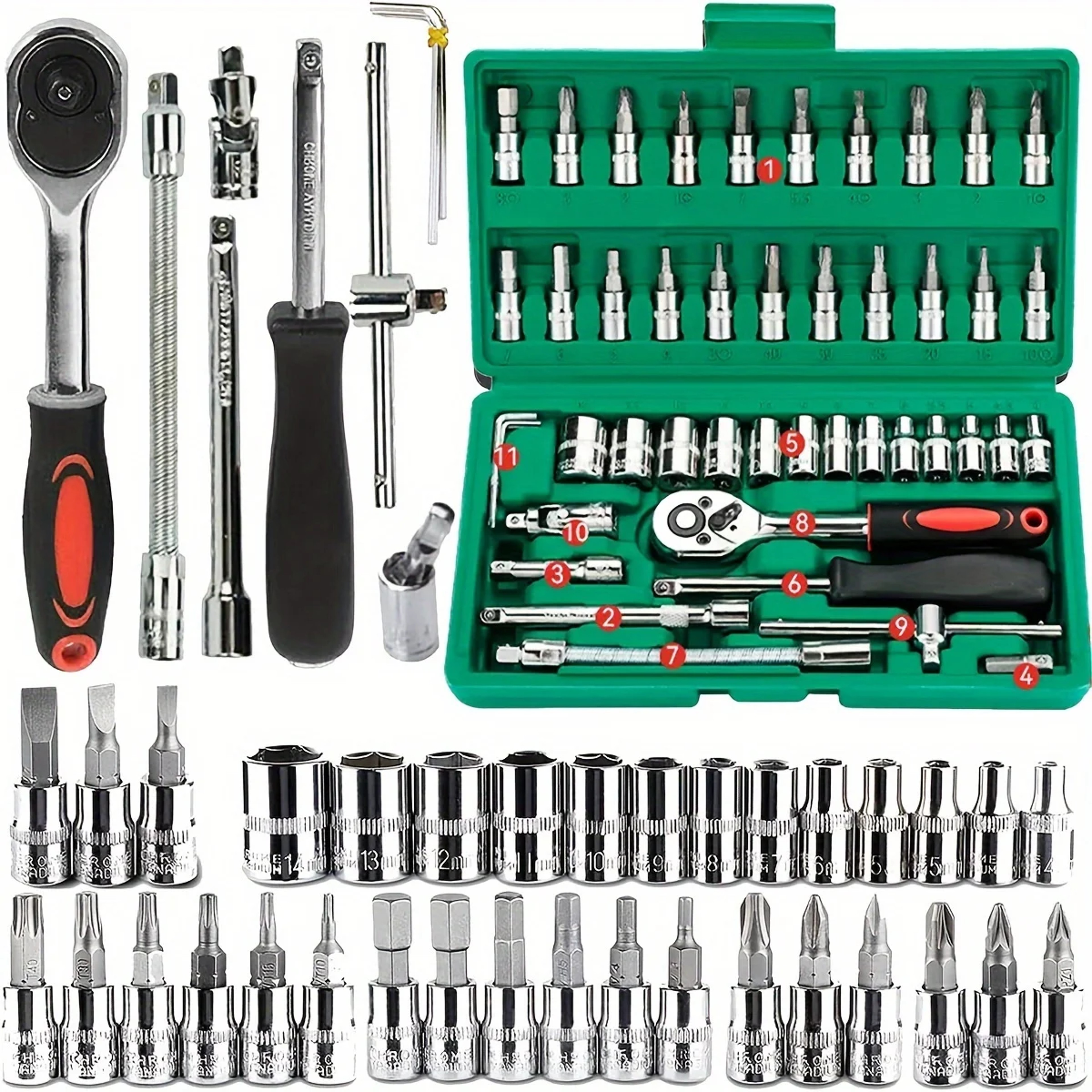 Socket Set Ratchet Wrench Mechanic Tool Kit With Metric Sockets And Hex Bits 0