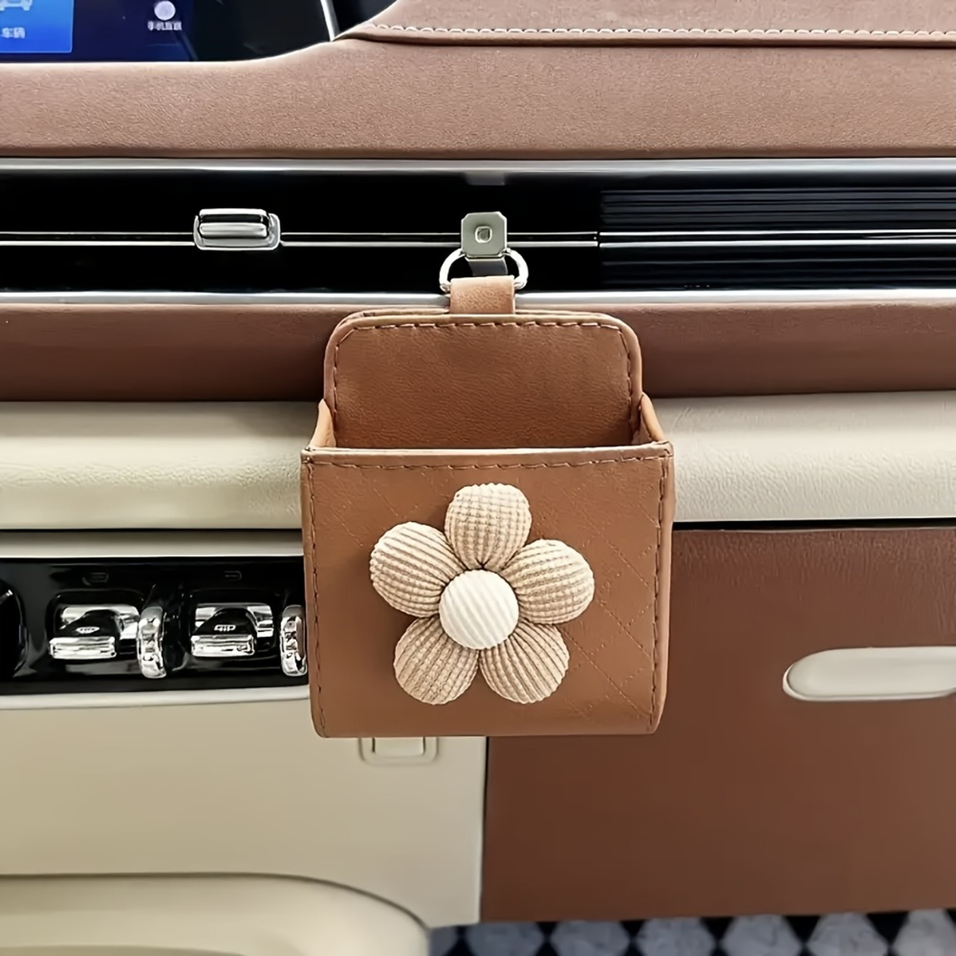 Cute Bear Car Storage Organizer With Floral Faux Leather Design 5