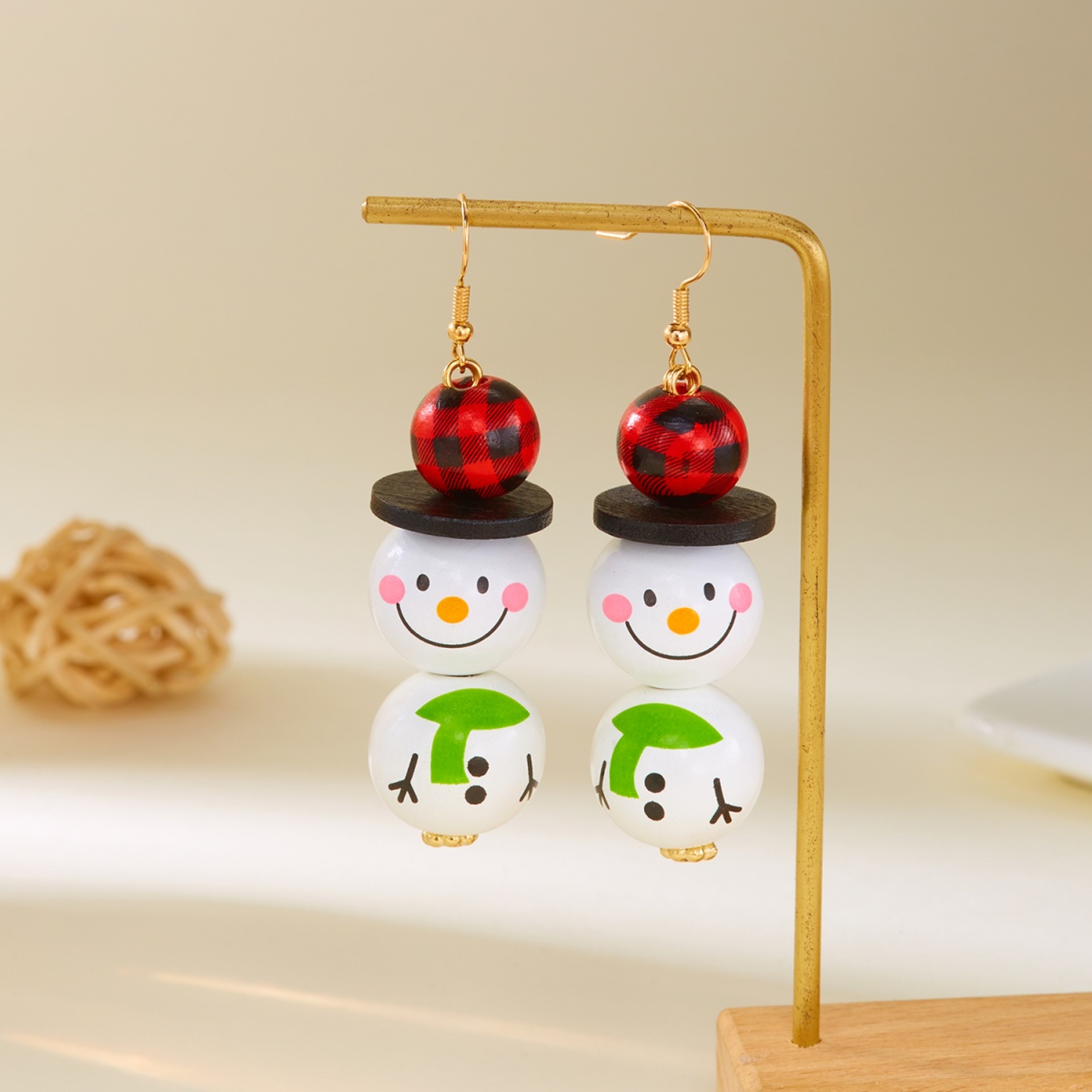 Handmade Cartoon Christmas Snowman Earrings, Wooden Santa Drop Earring, Creative Holiday Dangle Jewelry Gift For Women – view 4
