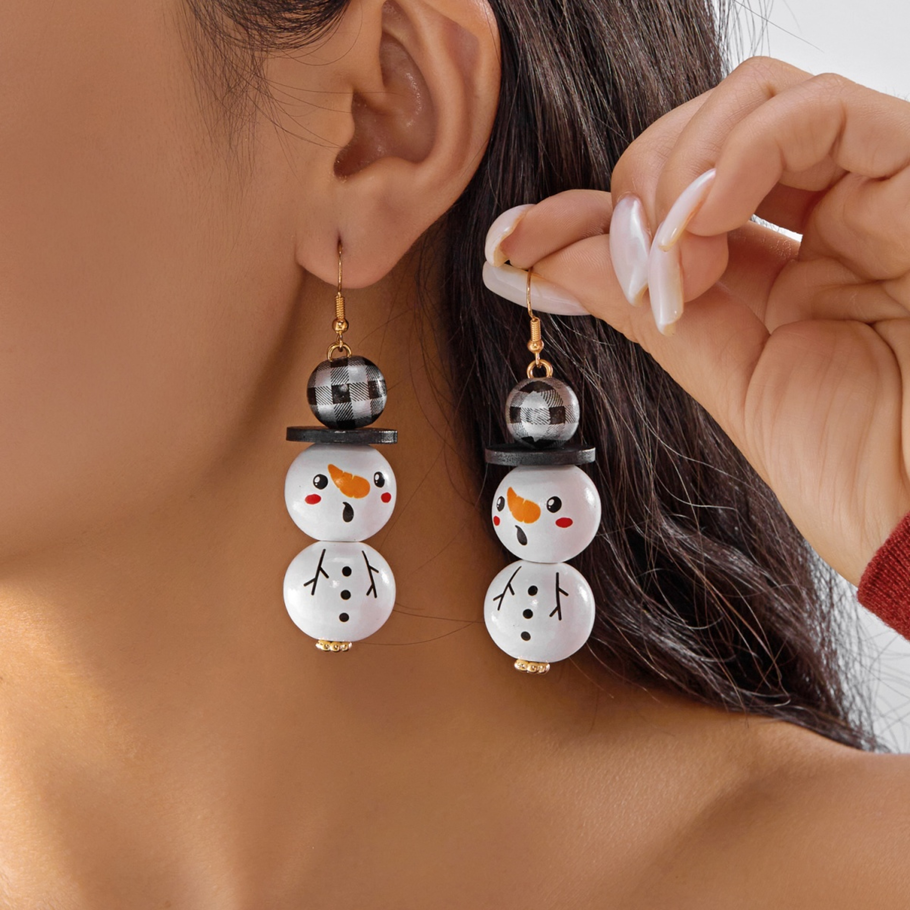 Handmade Cartoon Christmas Snowman Earrings, Wooden Santa Drop Earring, Creative Holiday Dangle Jewelry Gift For Women – view 13