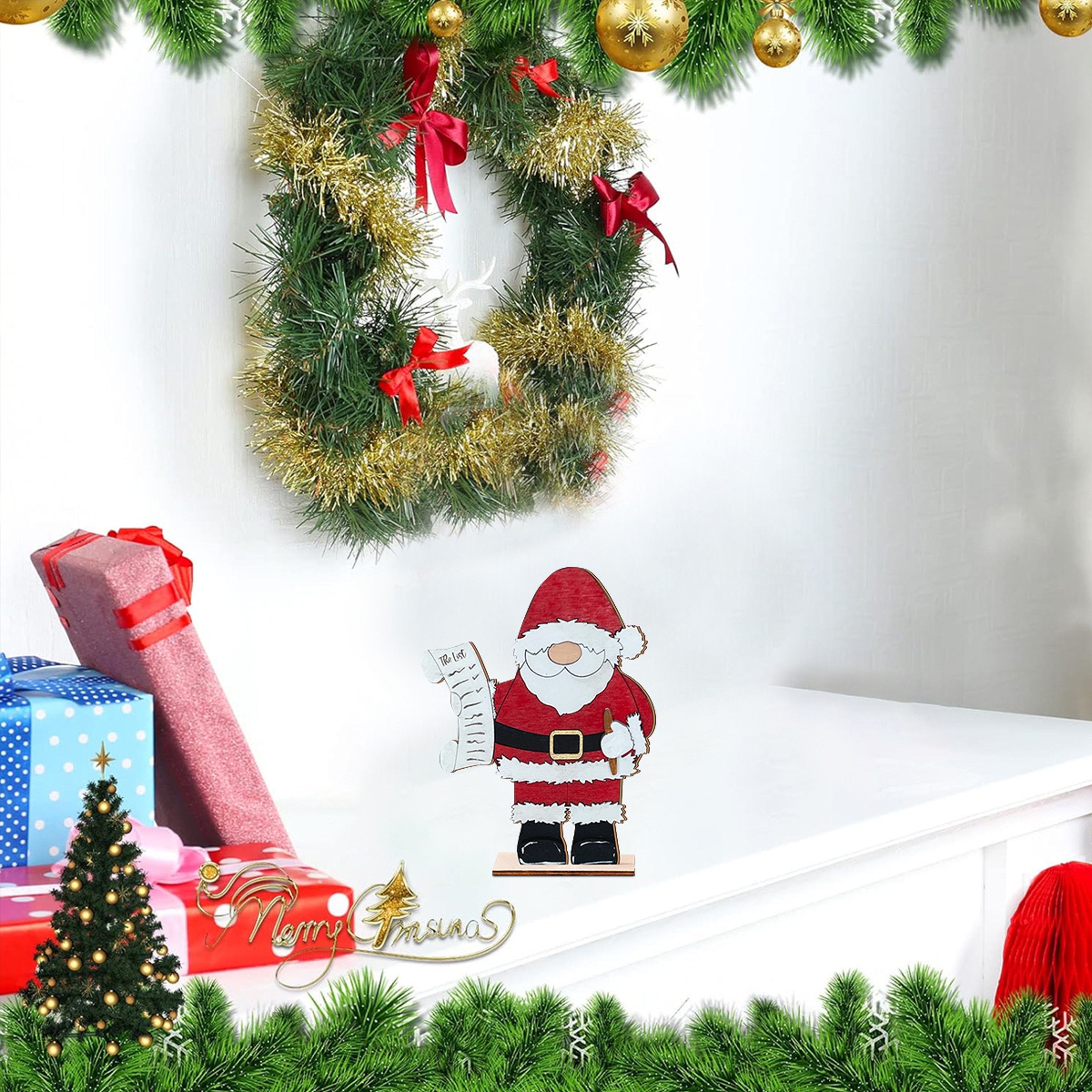 Festive Wooden Santa Claus Ornament, Christmas Decor Figurine with The List Scroll, Holiday Tabletop Decoration – view 2