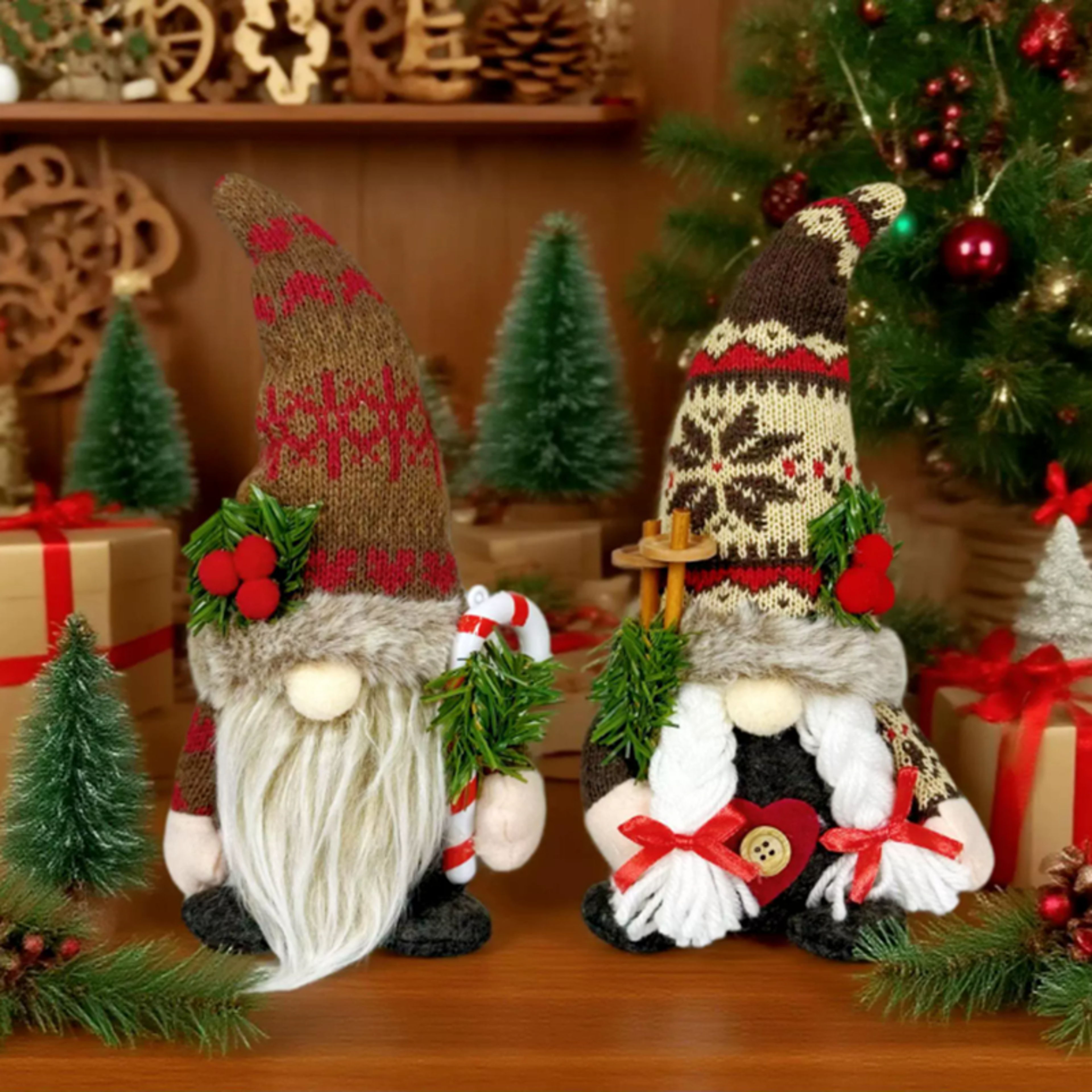 Rudolph Plush Toy, Christmas Decorations, Knitted Hat with Pine Branch, Gnome Faceless Doll Figurine, Pine Toy – view 1