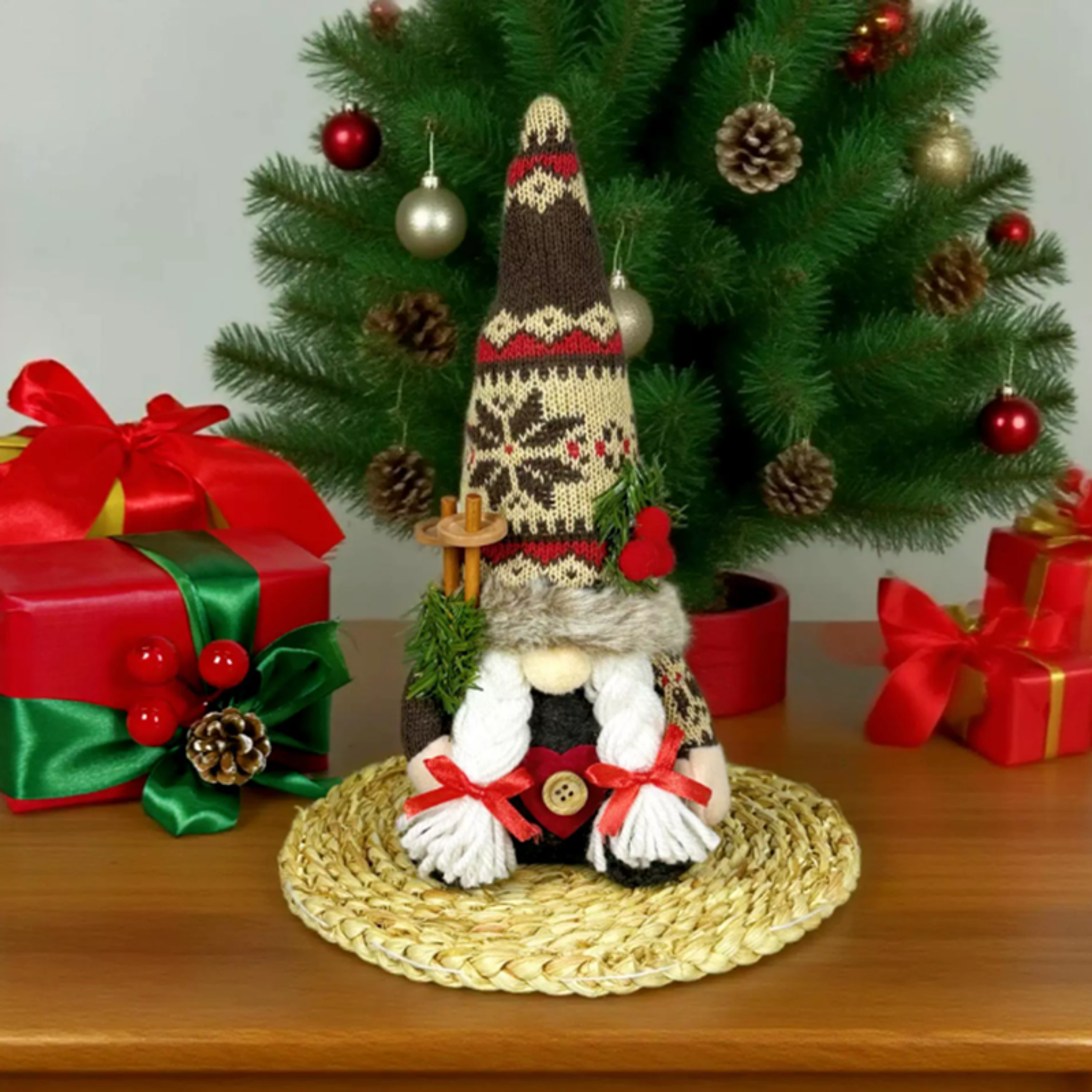 Rudolph Plush Toy, Christmas Decorations, Knitted Hat with Pine Branch, Gnome Faceless Doll Figurine, Pine Toy – view 4