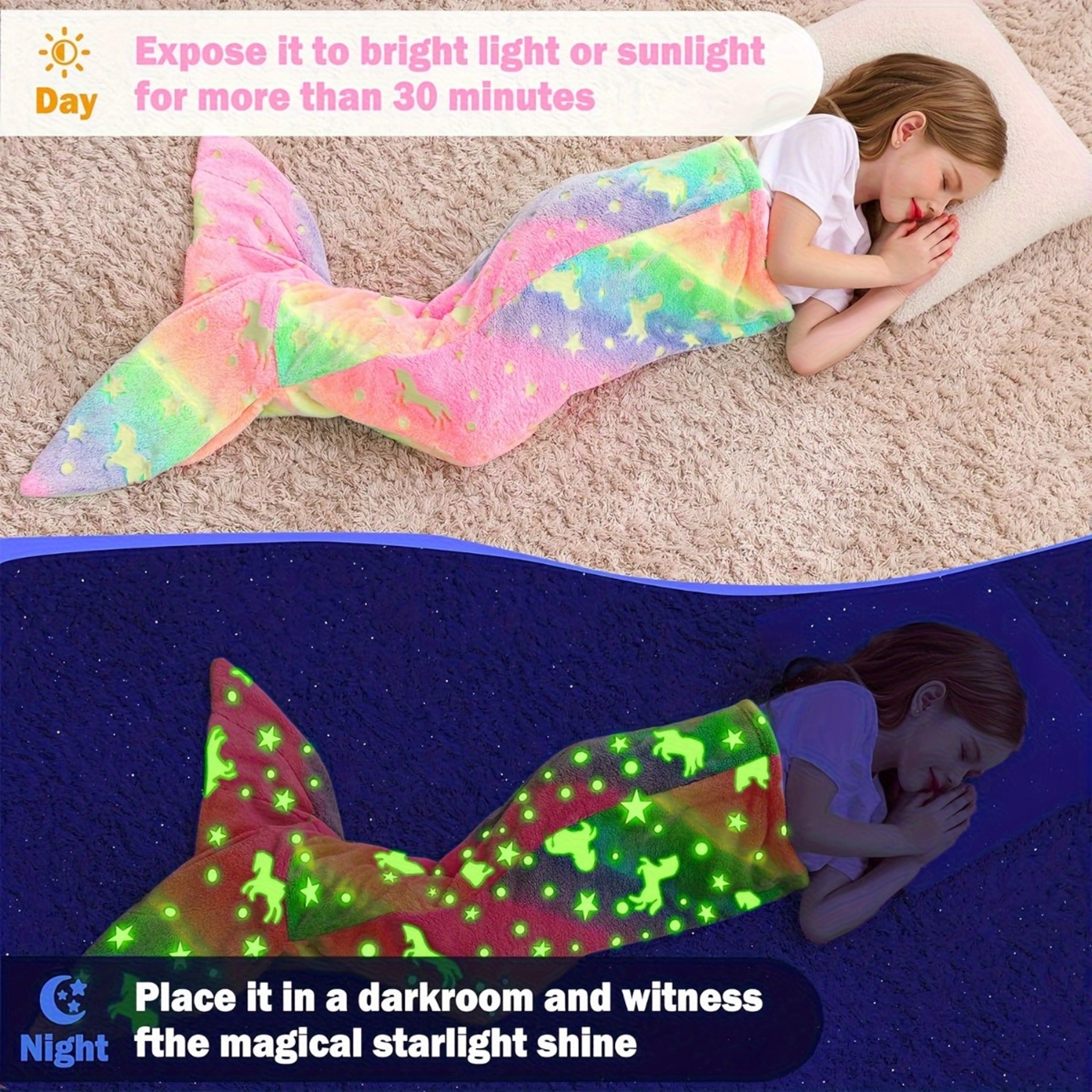 Glow in the Dark Mermaid Tail Blanket, Cartoon Rainbow Unicorn Mermaid, Super Soft Flannel Blanket Gifts for Girls – view 3