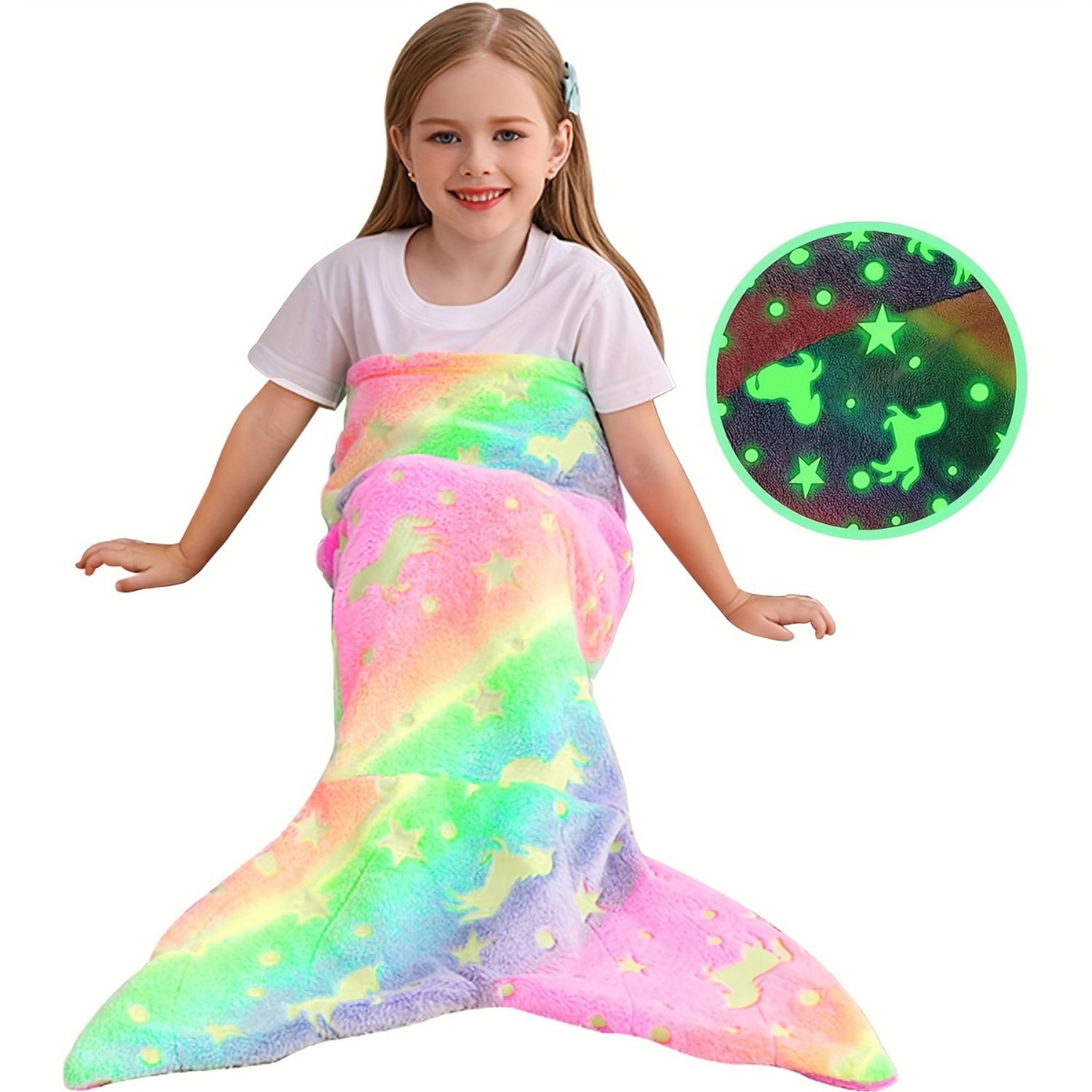 Glow in the Dark Mermaid Tail Blanket, Cartoon Rainbow Unicorn Mermaid, Super Soft Flannel Blanket Gifts for Girls – view 5