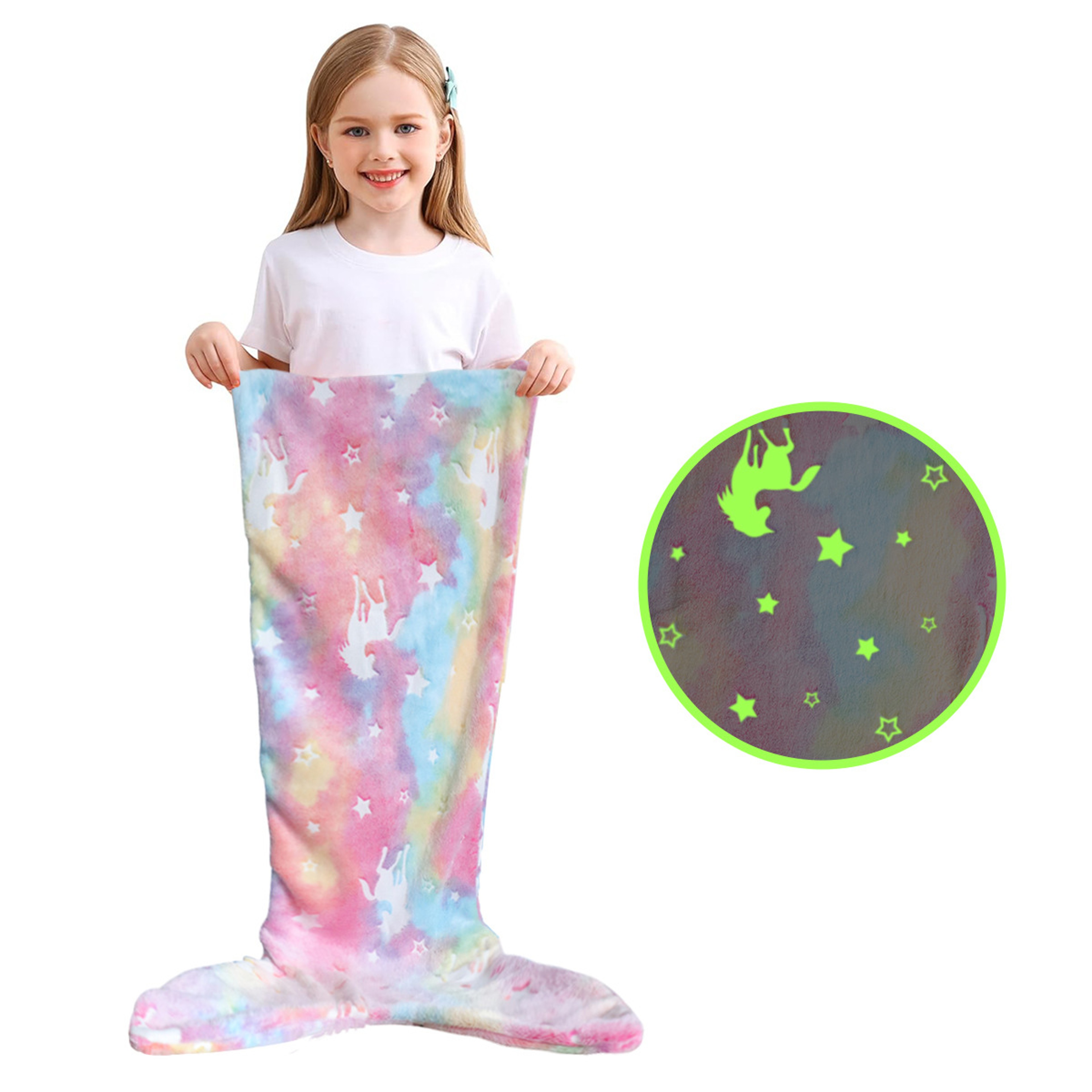 Glow in the Dark Mermaid Tail Blanket, Cartoon Rainbow Unicorn Mermaid, Super Soft Flannel Blanket Gifts for Girls – view 10