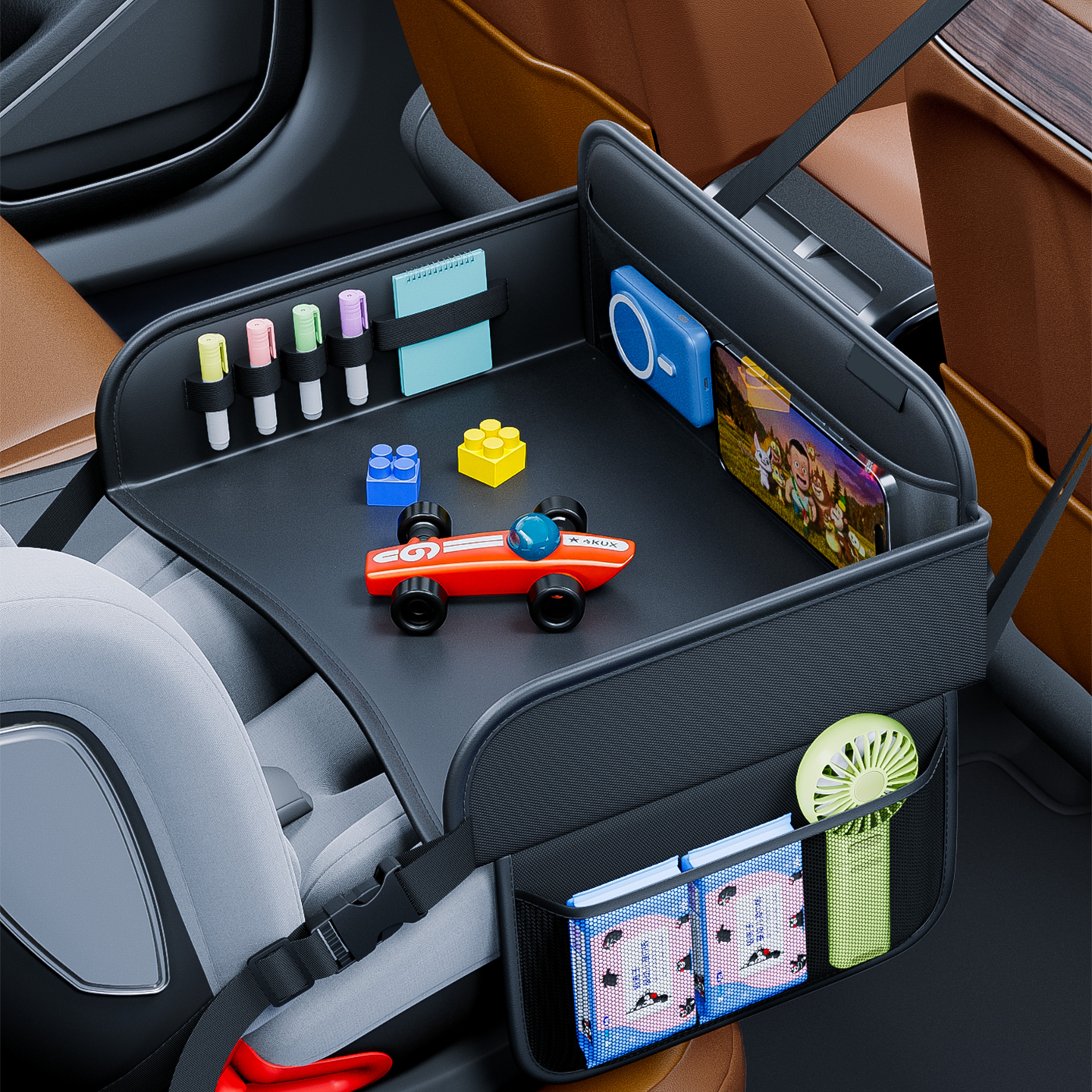 Child Car Dining Drawing Table, Leather Safety Seat Tray, Backseat Children Table, Tool Toys Phone Storage Pocket – view 4