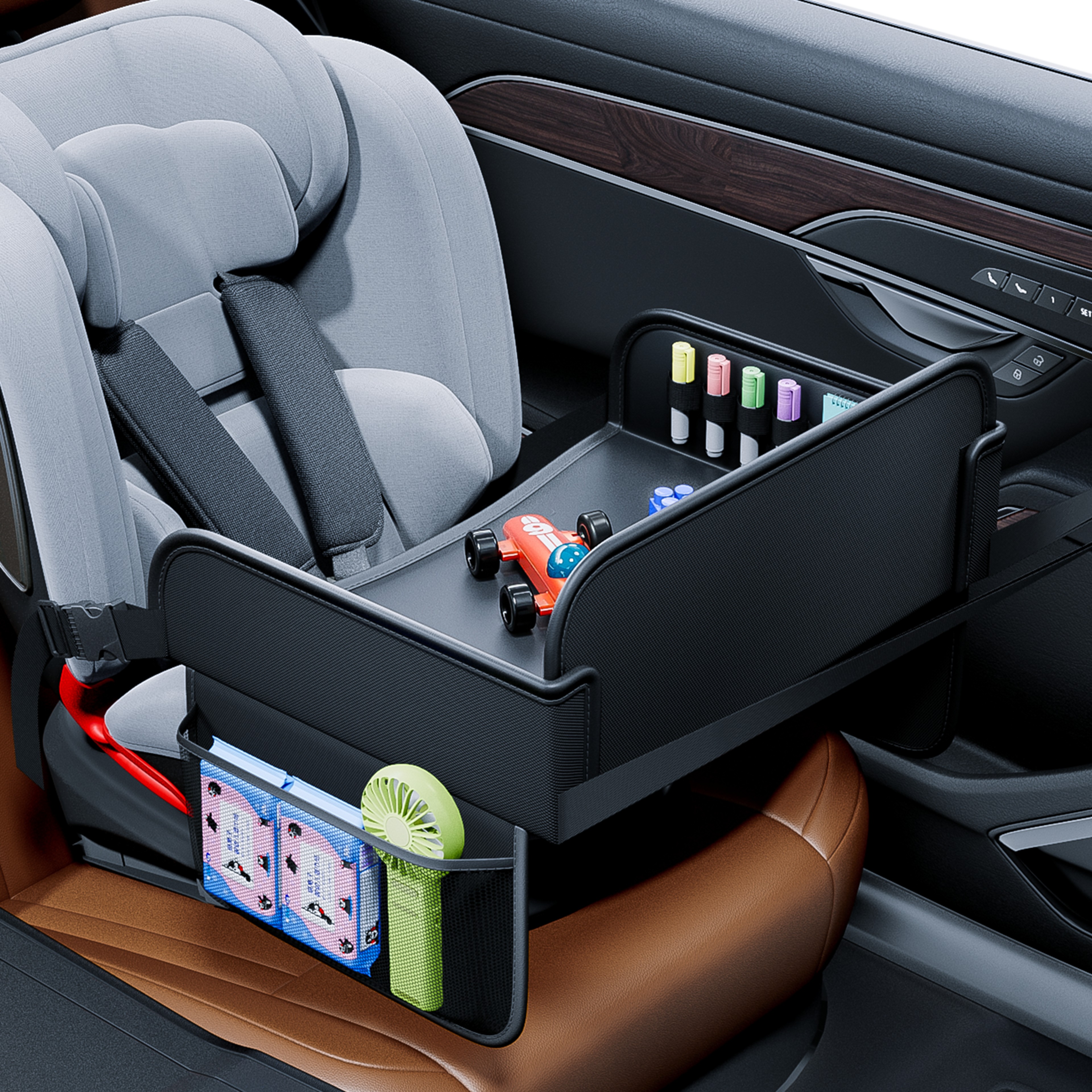 Child Car Dining Drawing Table, Leather Safety Seat Tray, Backseat Children Table, Tool Toys Phone Storage Pocket – view 5