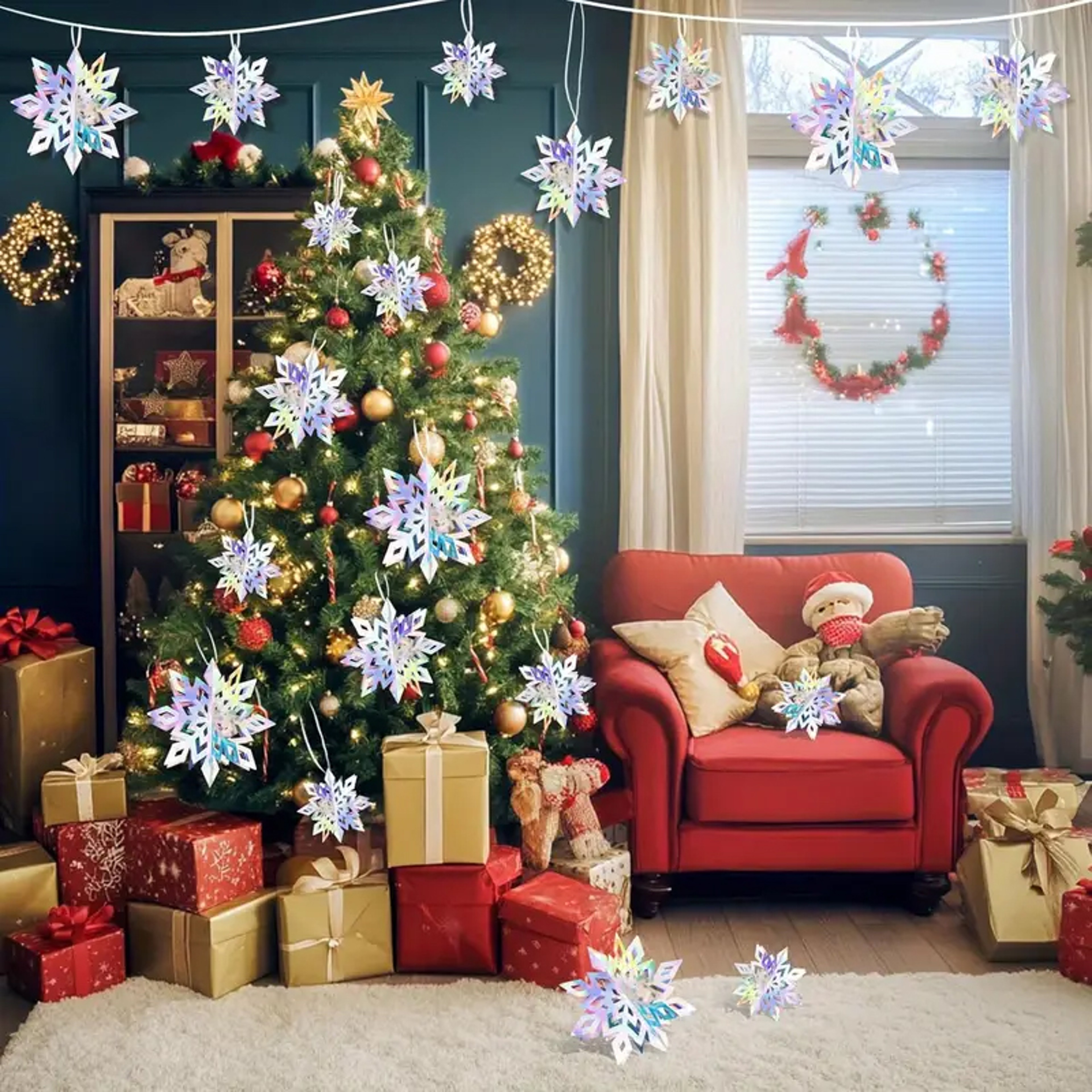 Rainbow Color 3D Snowflake Ornaments Large Hanging Snowflake Decor Set Hanging String 2