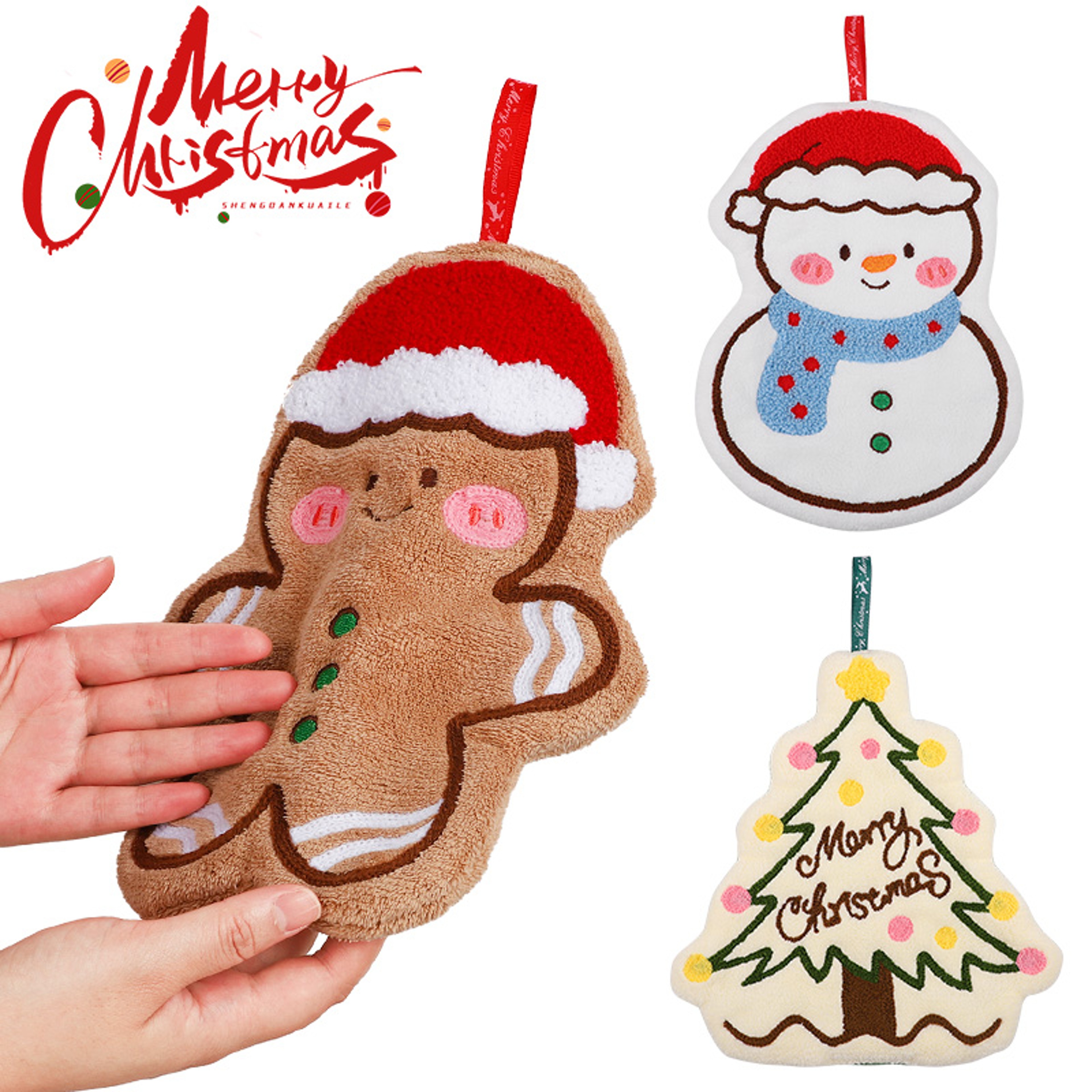 Cartoon Gingerbread Man Snowman Christmas Hand Towel Coral Fleece Towel for Kitchen Bathroom Holiday Gifts – view 6