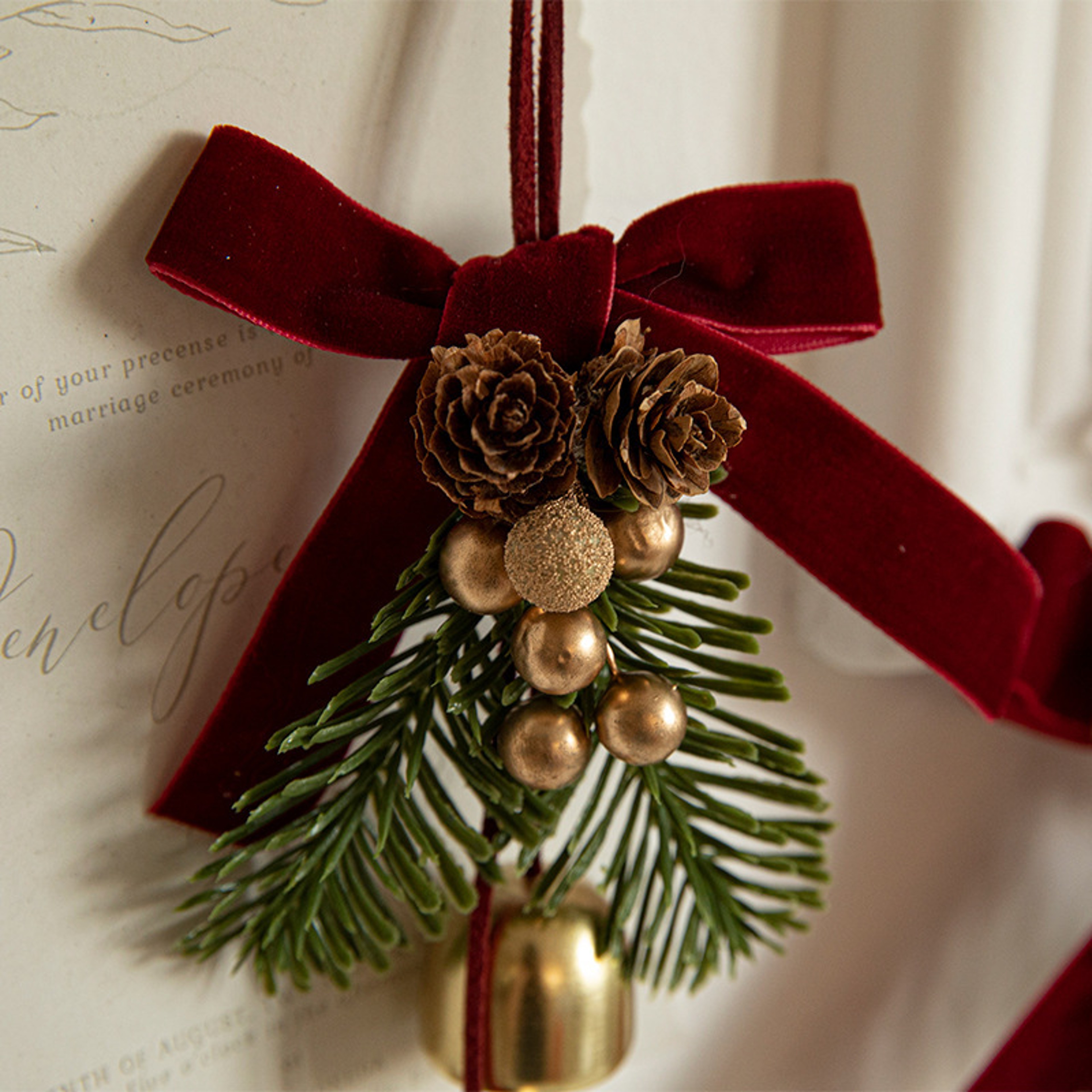 Velvet Bows, Jingle Bells & Pinecones Christmas Hanging Decor Set for Fireplace, Tree & Holiday Party Decor – view 2