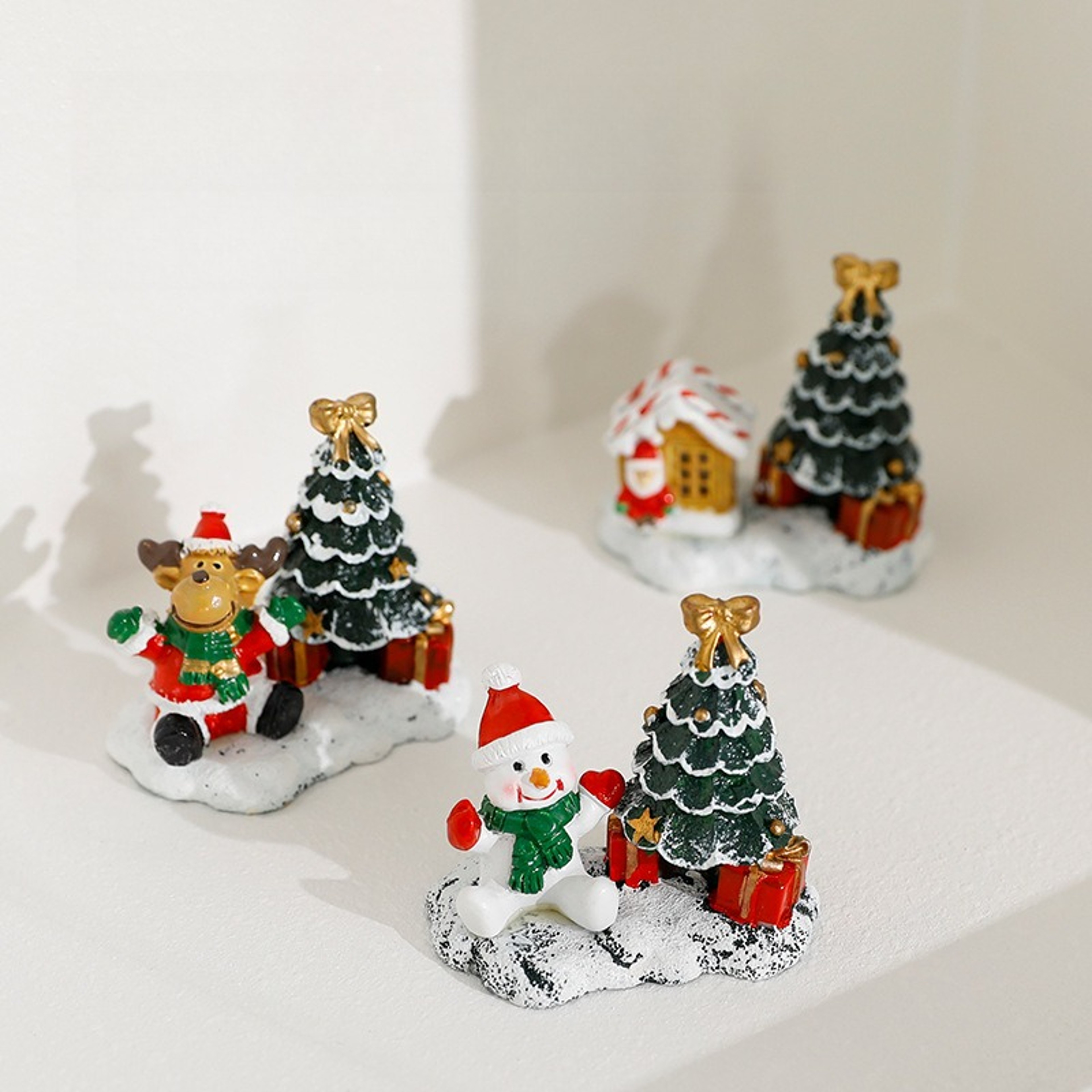 Winter Village Scene With Christmas Snowman Tree Elk Ornaments Small House Desktop Display 0