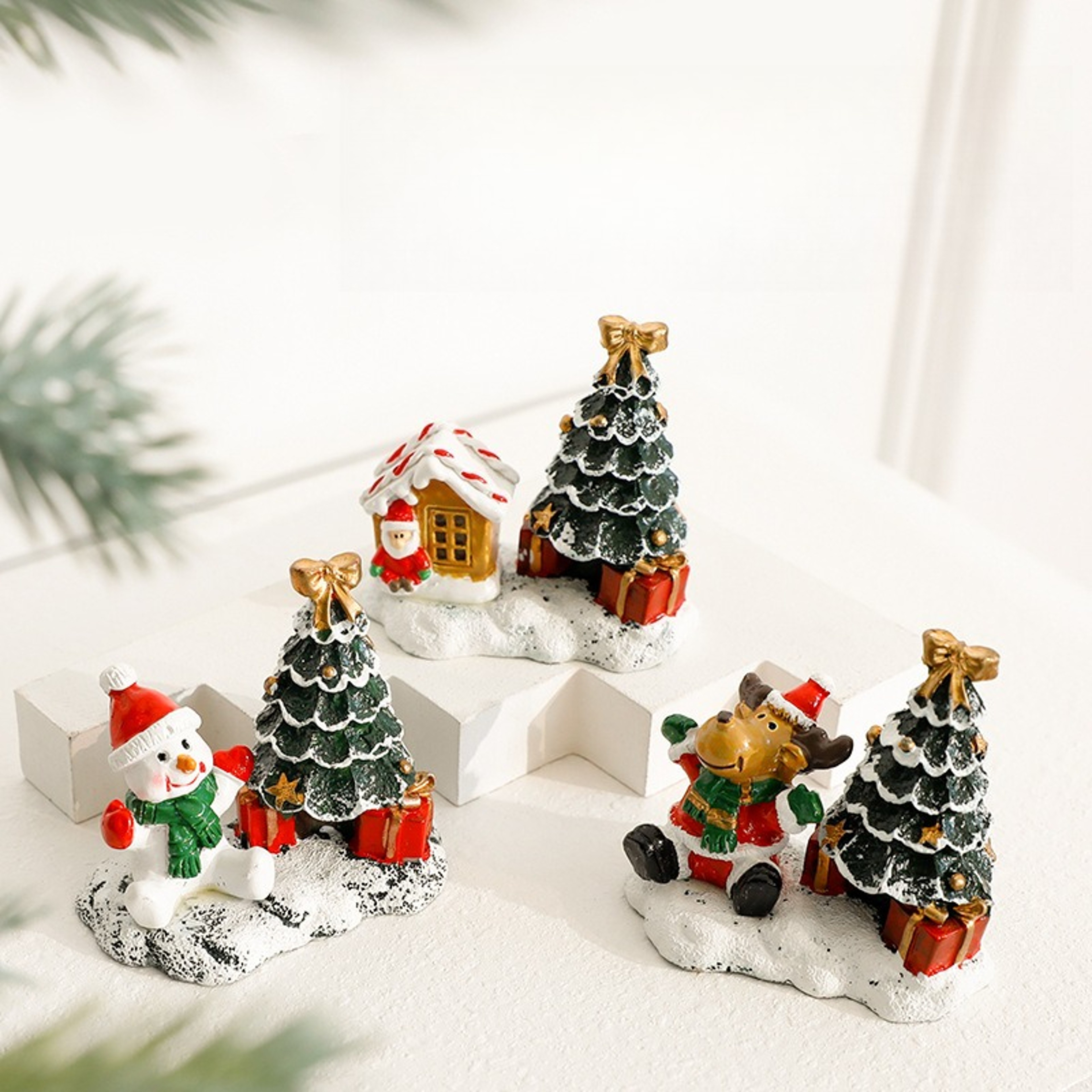Winter Village Scene With Christmas Snowman Tree Elk Ornaments Small House Desktop Display 1
