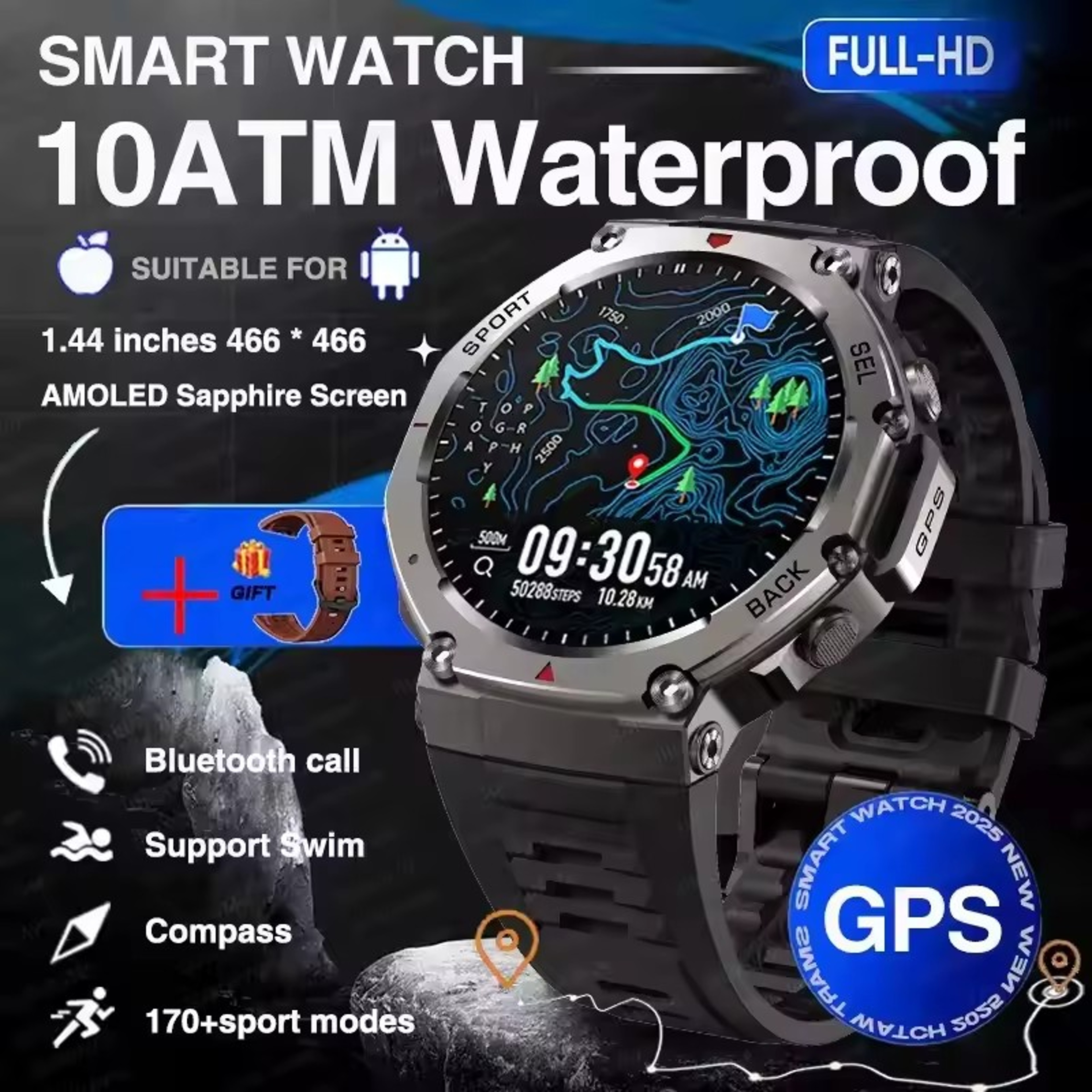2025 Military Smartwatch For Men  Bluetooth Calling GPS Compass  10ATM Waterproof 8
