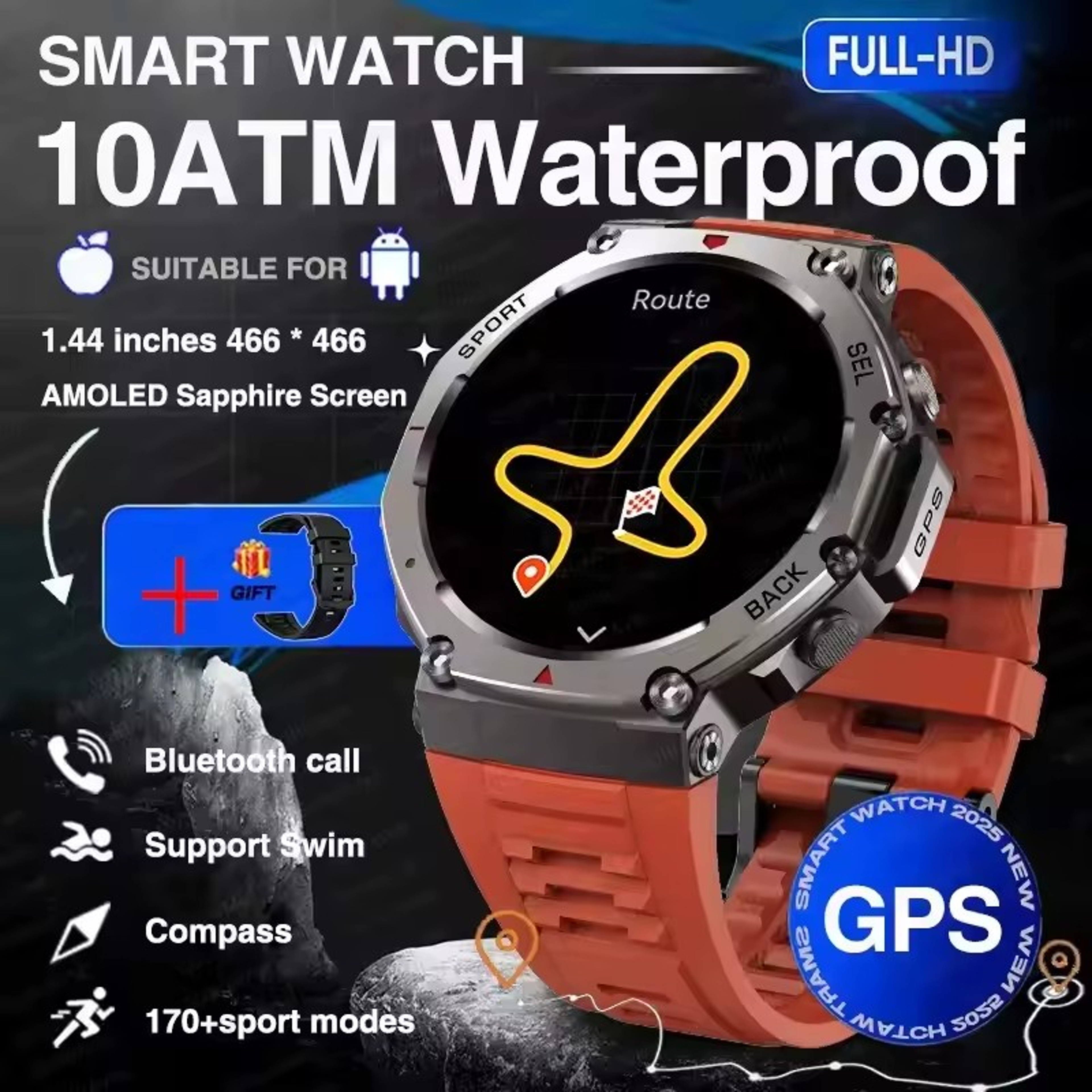 2025 Military Smartwatch For Men  Bluetooth Calling GPS Compass  10ATM Waterproof 9