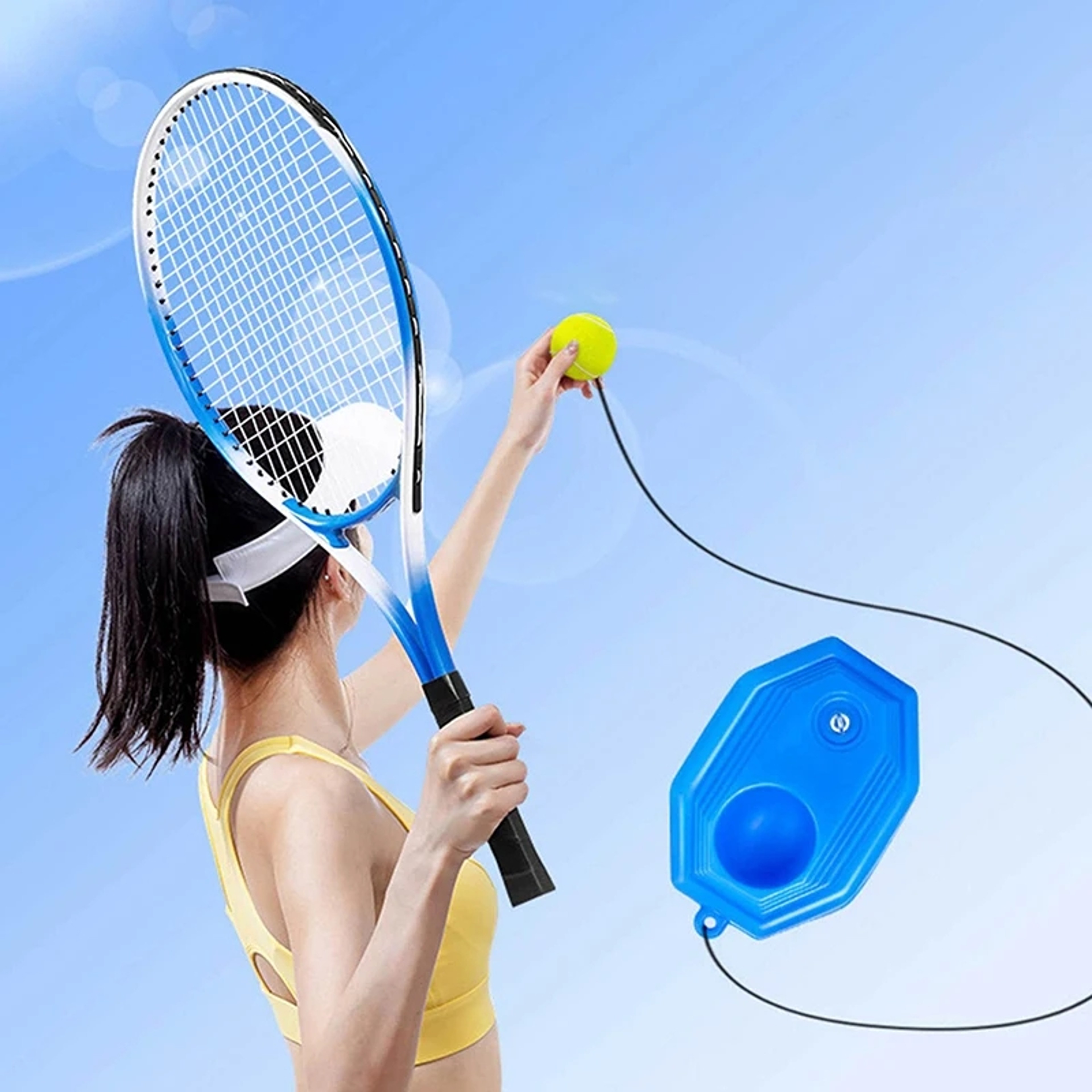 Solo Tennis Trainer Rebound Set For Practice With Elastic Ball And Stable Base 0