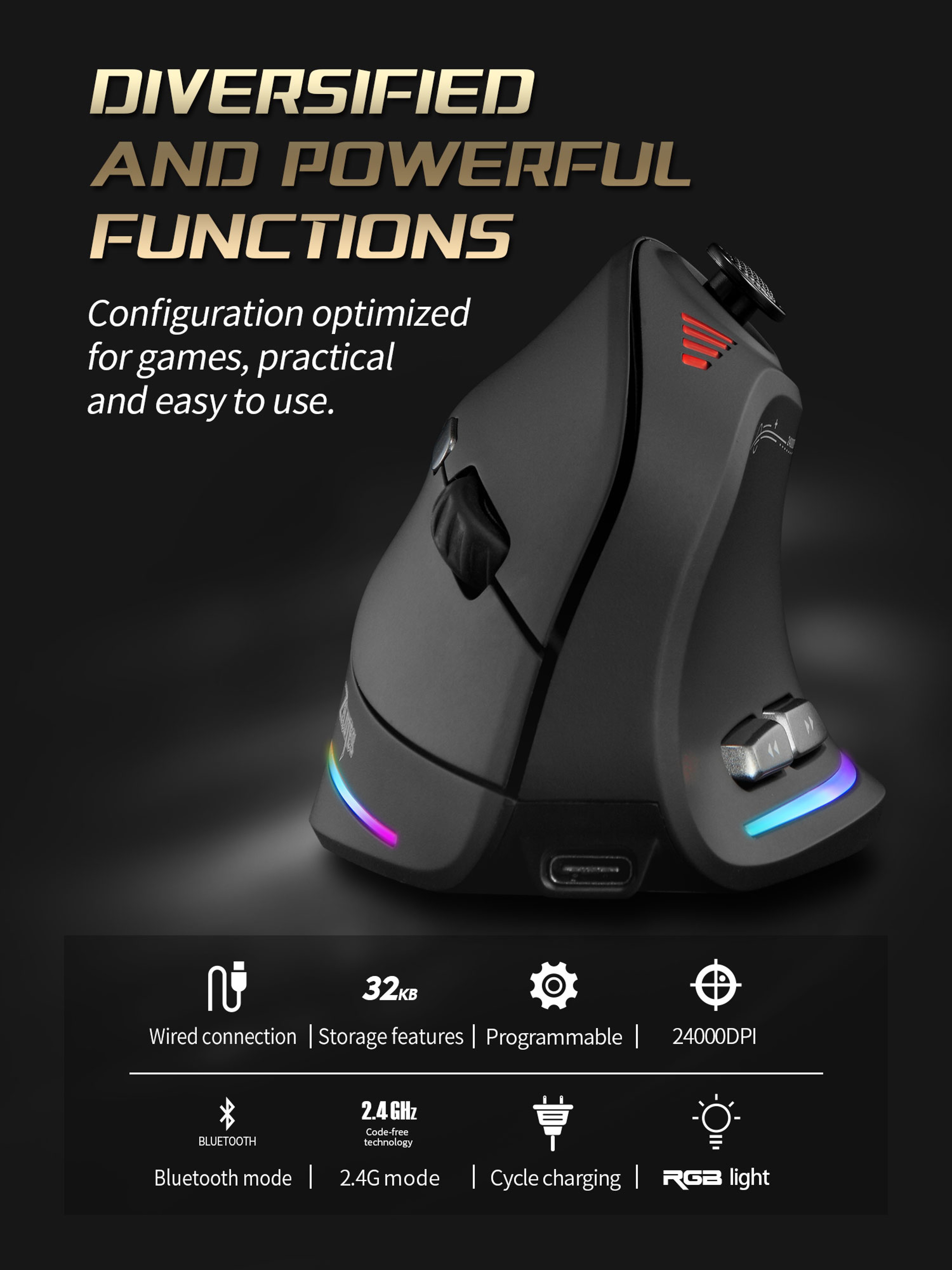 Wireless Vertical Gaming Mouse, RGB Backlit, Programmable Buttons, 24000DPI Control, Adjustable, Wired for Gamers – view 3