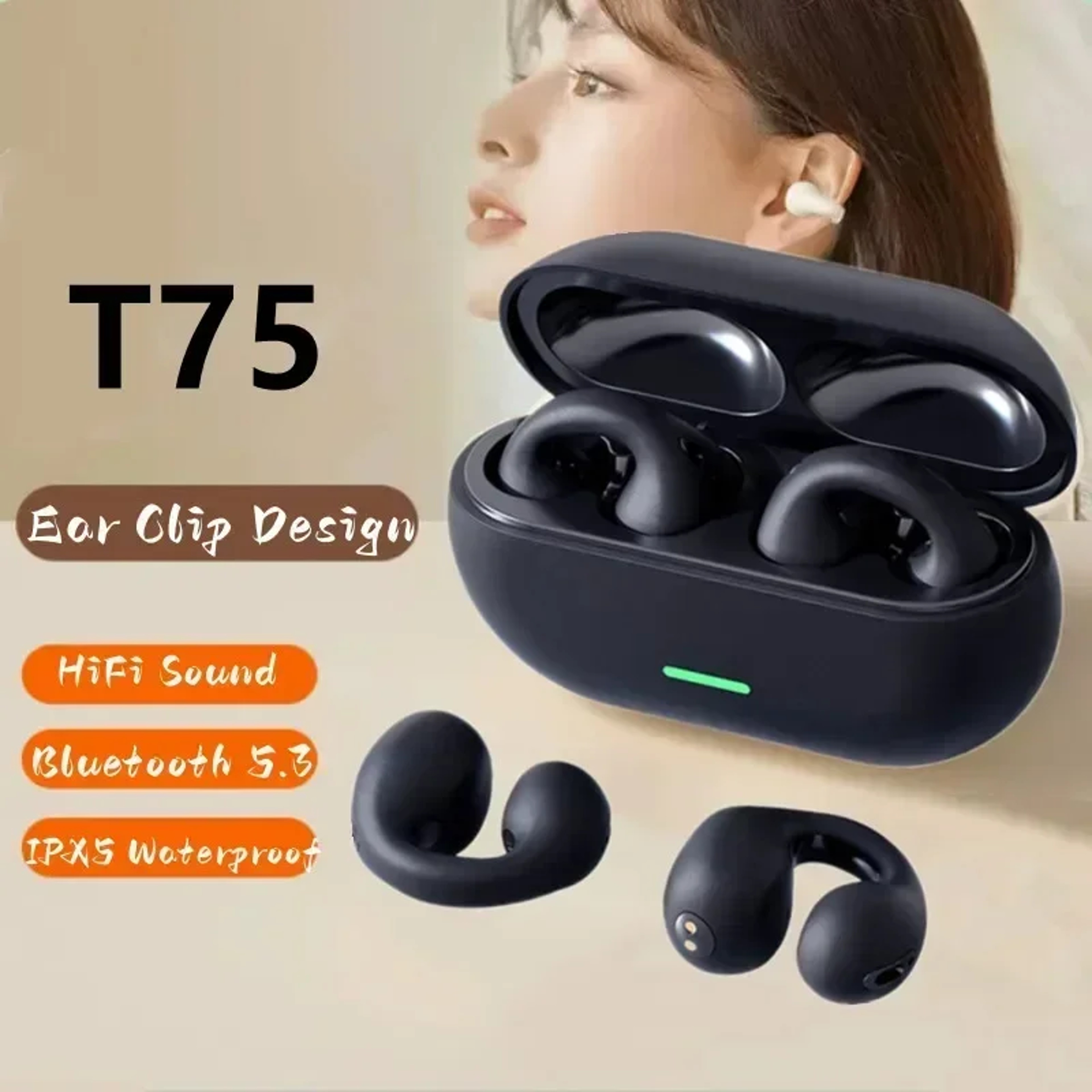 T75 Bluetooth 5.3 Wireless Bone Conduction Headphones, Clip Ear Noise Canceling Headset, HD Call Music Sports Gaming Ear – view 1