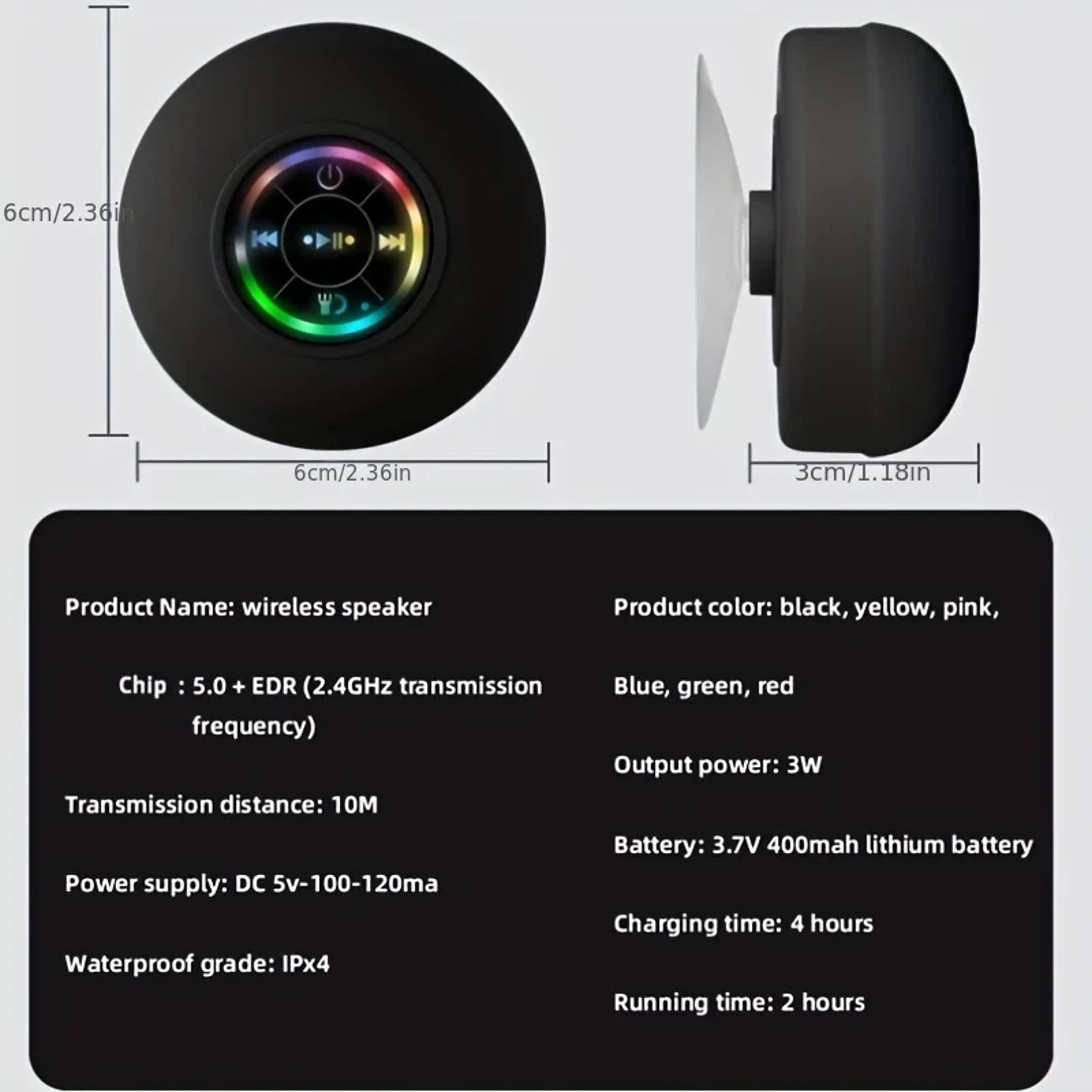 Mini Portable Waterproof Bluetooth Speaker LED Large Suction Cup Outdoor Sports Bathroom Wireless 5