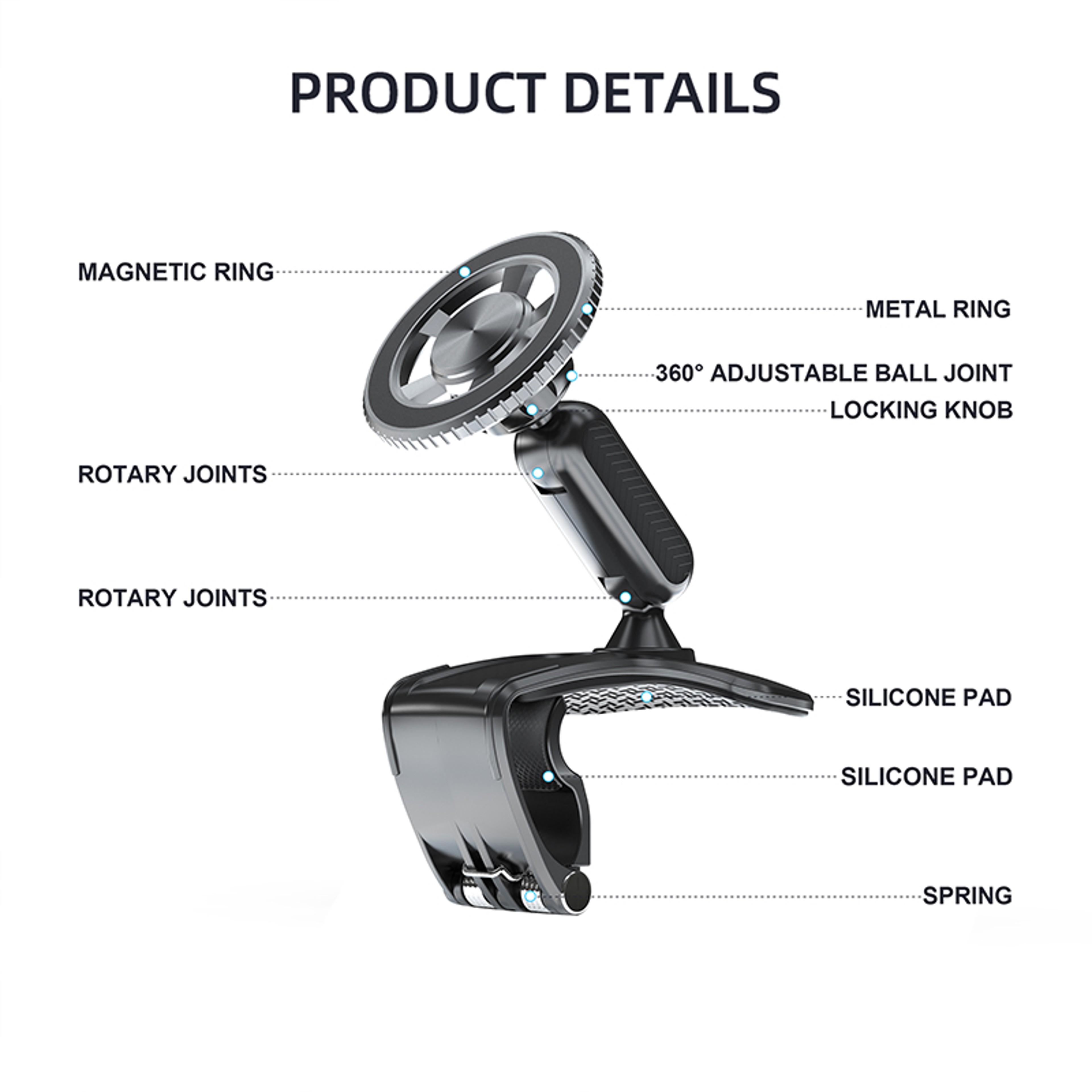 Car Phone Holder, Magnetic 360 Degree Rotation Dashboard, Clip on Dashboard for 4 to 7 inch Smartphones, Strong Clamp – view 4