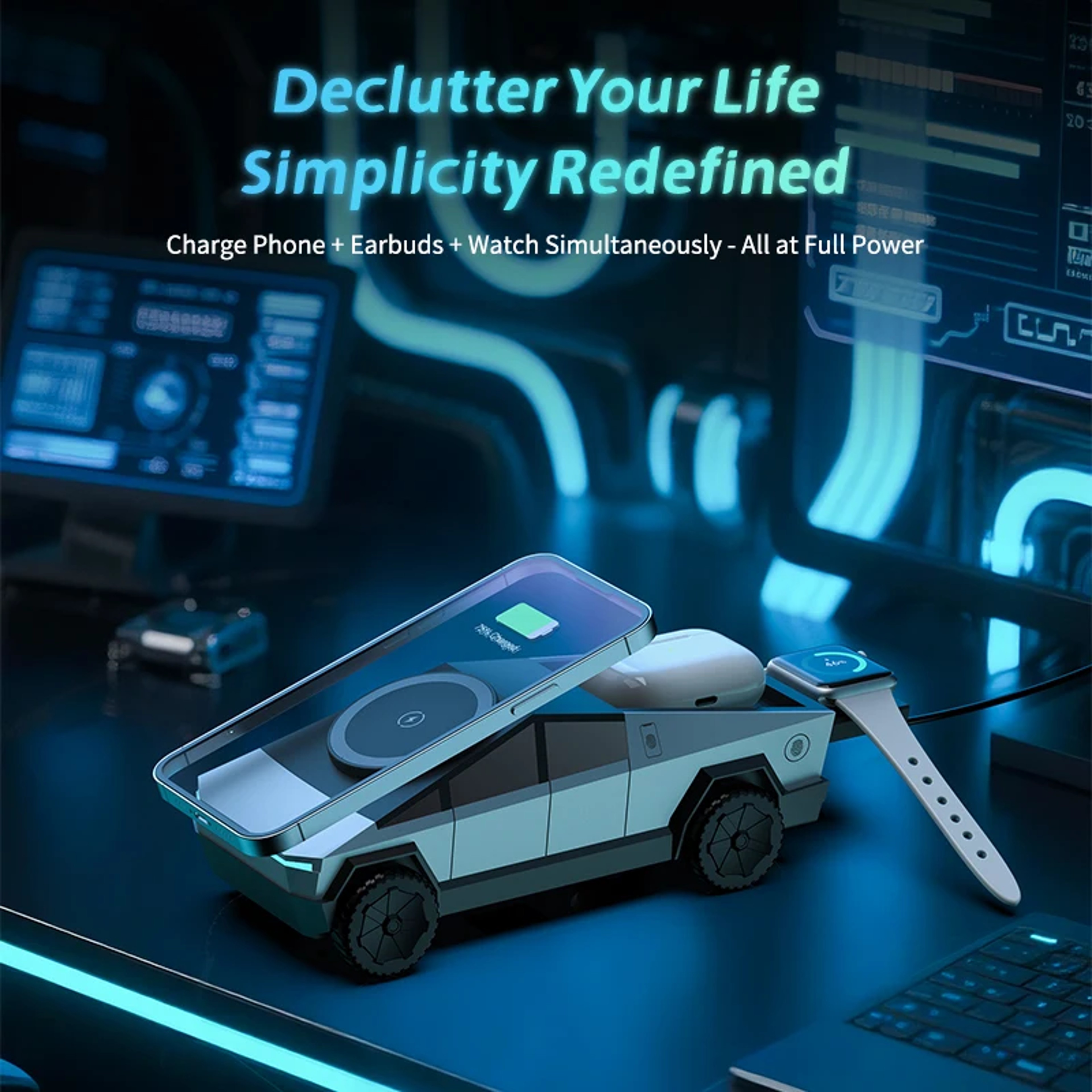 Multifunctional 3-in-1 Wireless Charger, Cybertruck Desktop Qi2 Charger, iPhone, iWatch, AirPods Charging – view 2