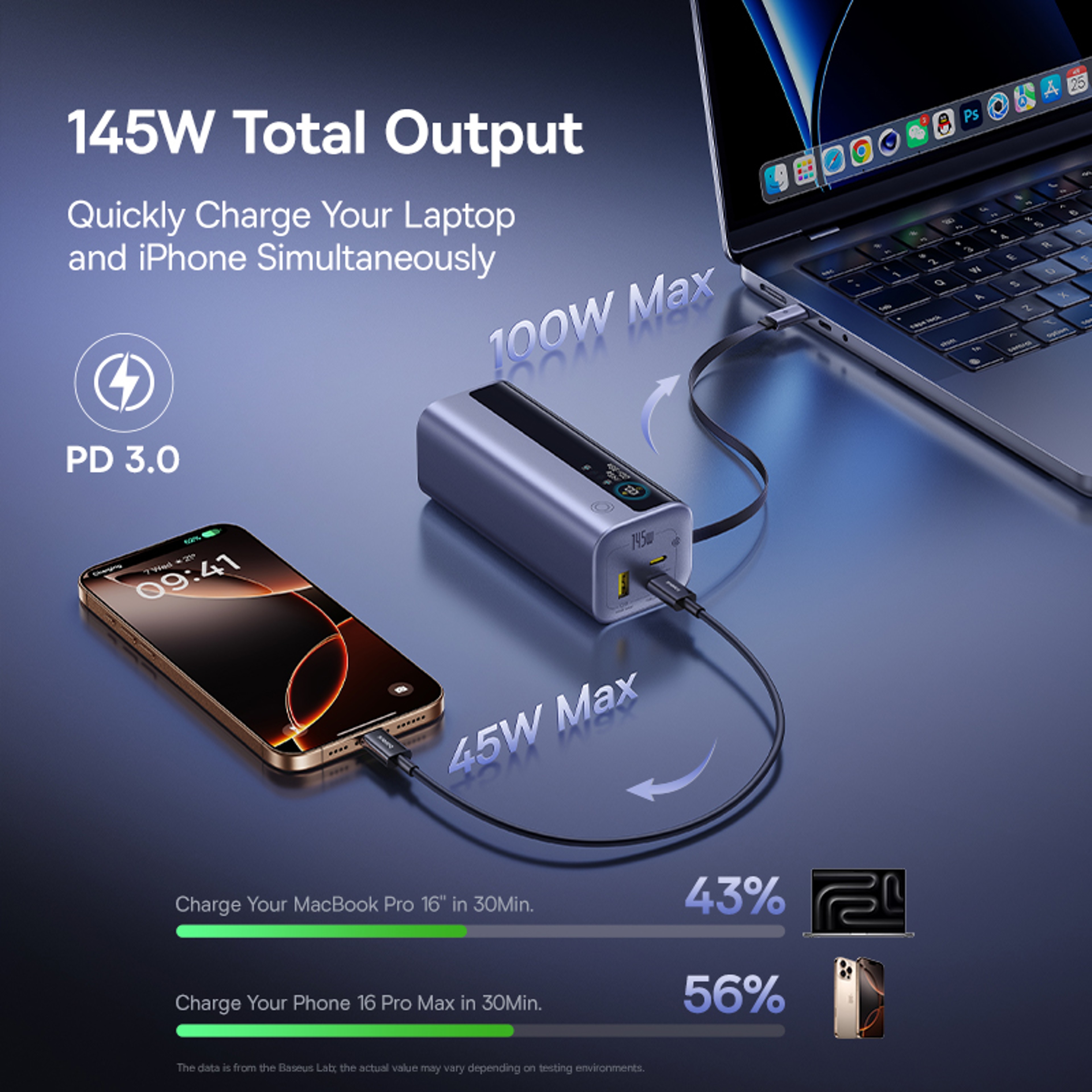 Baseus Power Bank, Fast Charge Portable External Battery Charger PowerBank, Built In Retractable Type C Cable – view 2