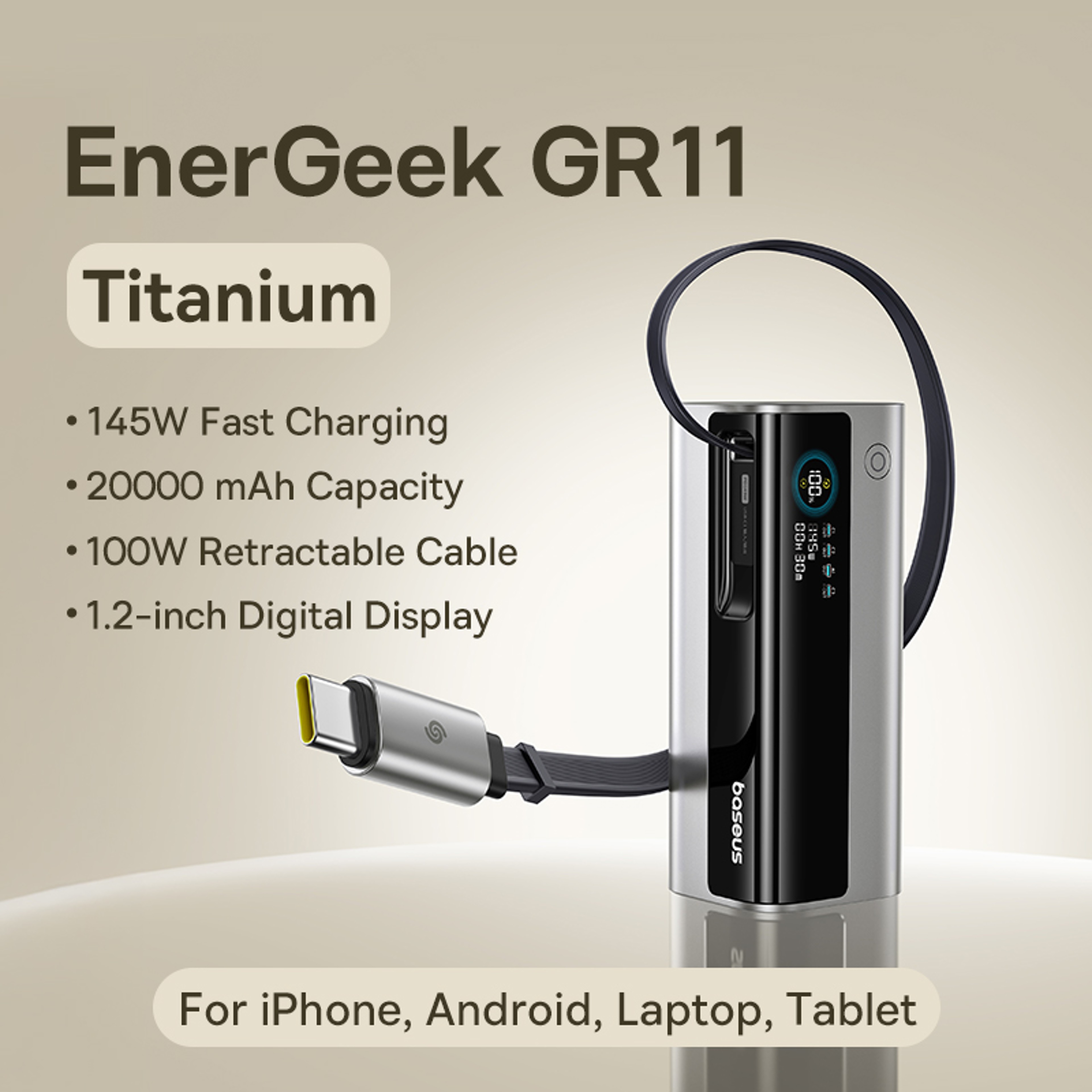 Baseus Power Bank, Fast Charge Portable External Battery Charger PowerBank, Built In Retractable Type C Cable – view 8