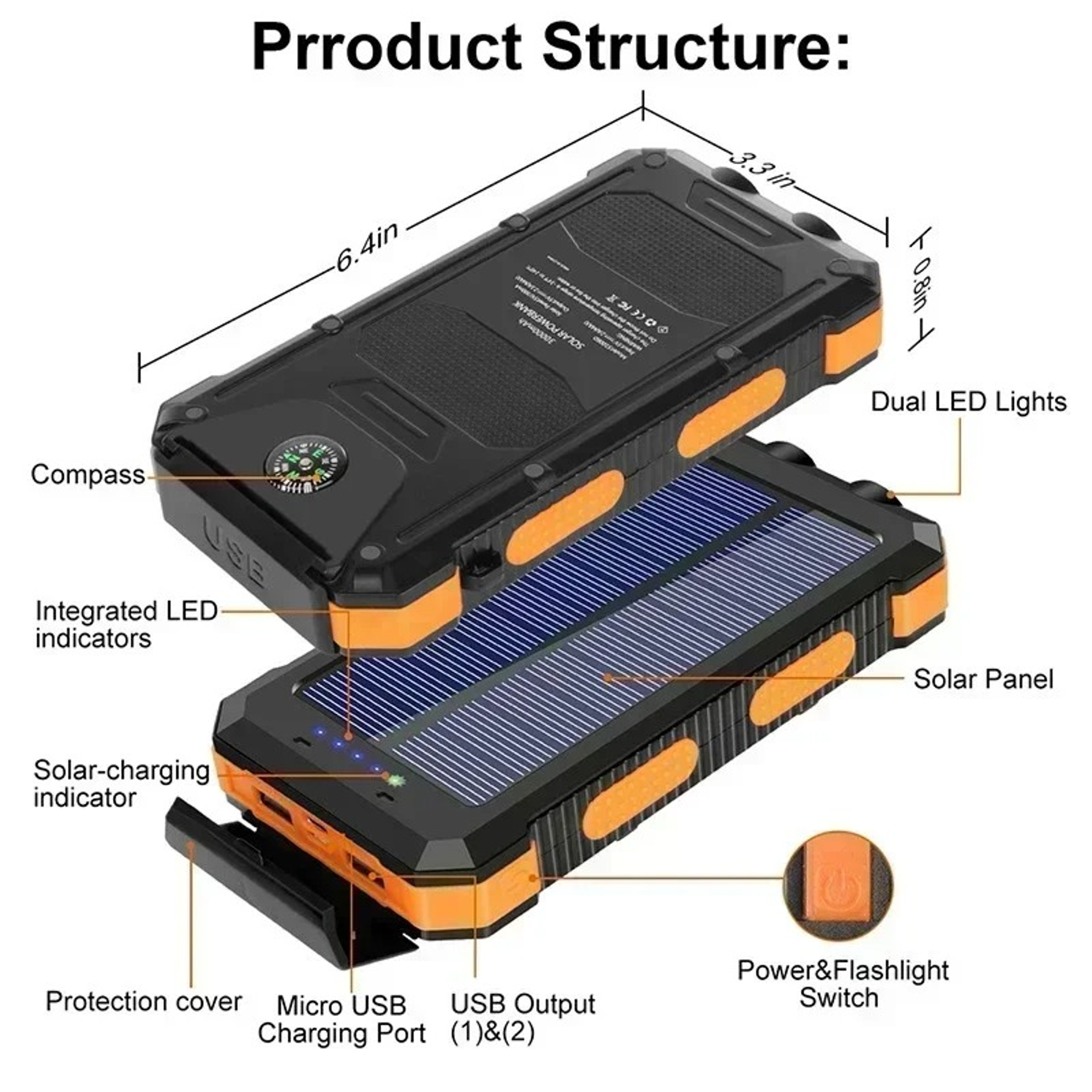 Outdoor Waterproof Solar Power Bank Two Way Fast Charging Power Bank Flashlight Portable Charger Fo 2