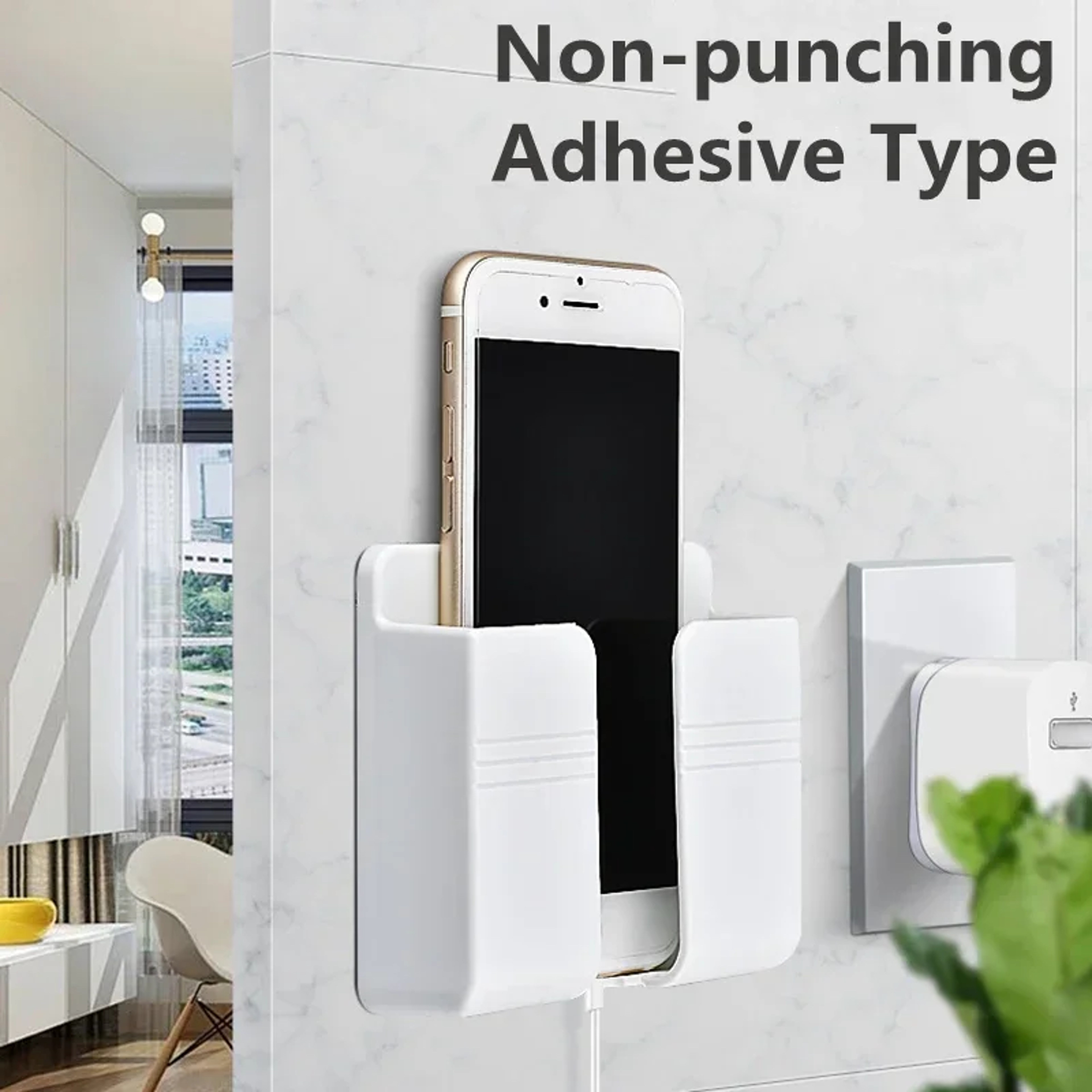White Wall Phone Holder, Punch Free Mobile Charging Stand, Lazy Sticky Remote Storage Box, Wall Mount Organizer – view 2