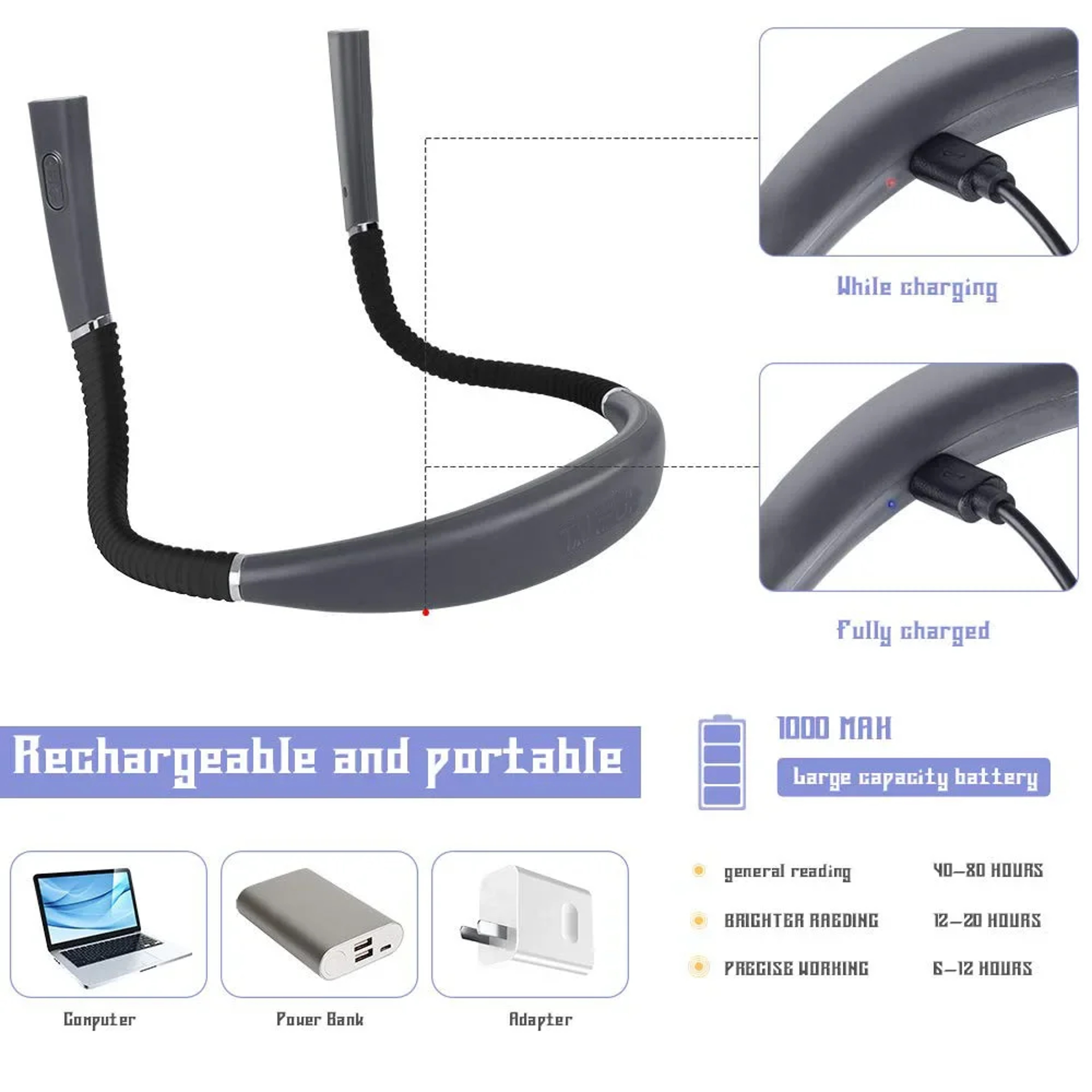 Rechargeable Neck Reading Light Hands Free LED Book Light For Reading In Bed 3