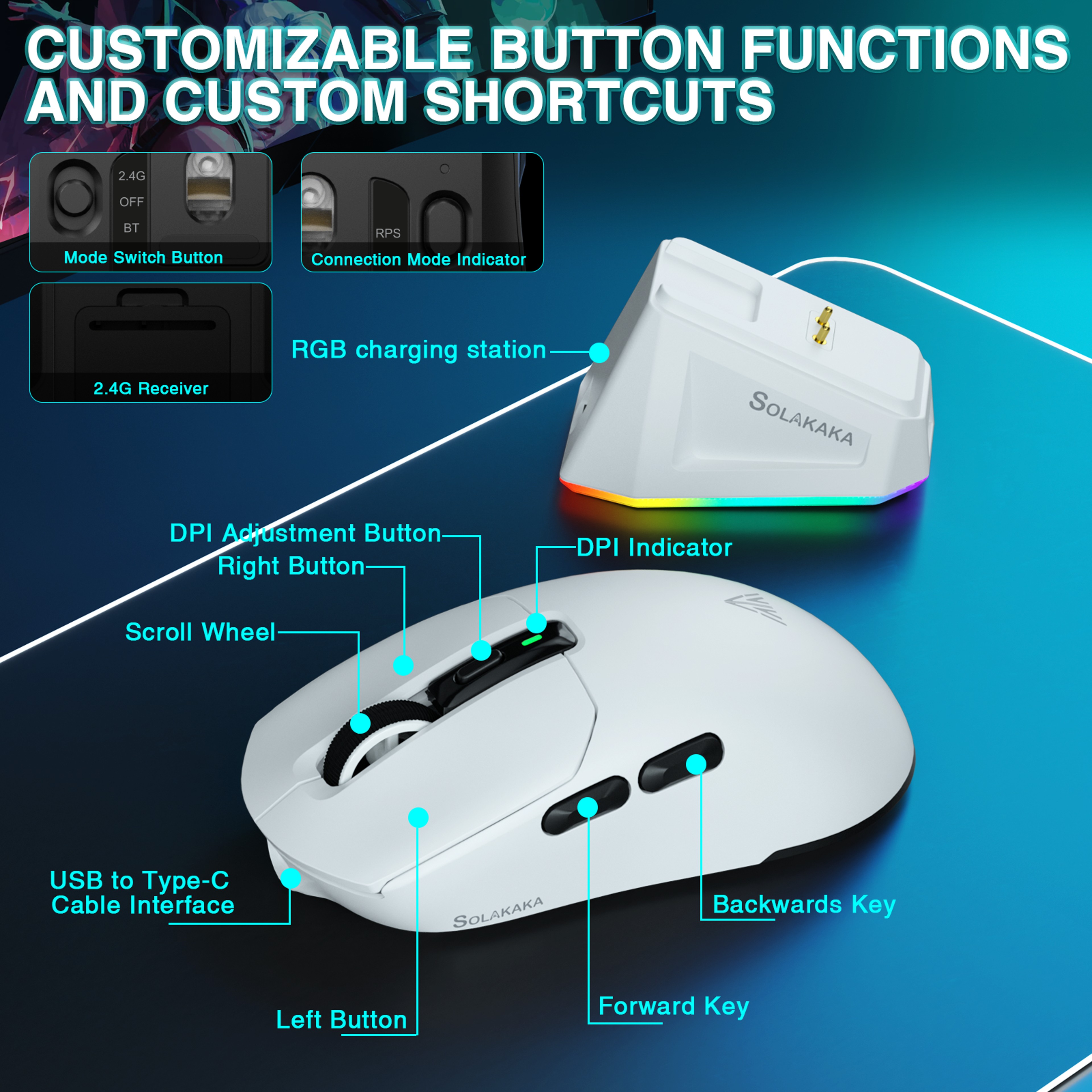 Tri Mode Wireless Gaming Mouse DPI RGB Magnetic Charging Dock Ultra Light – view 3