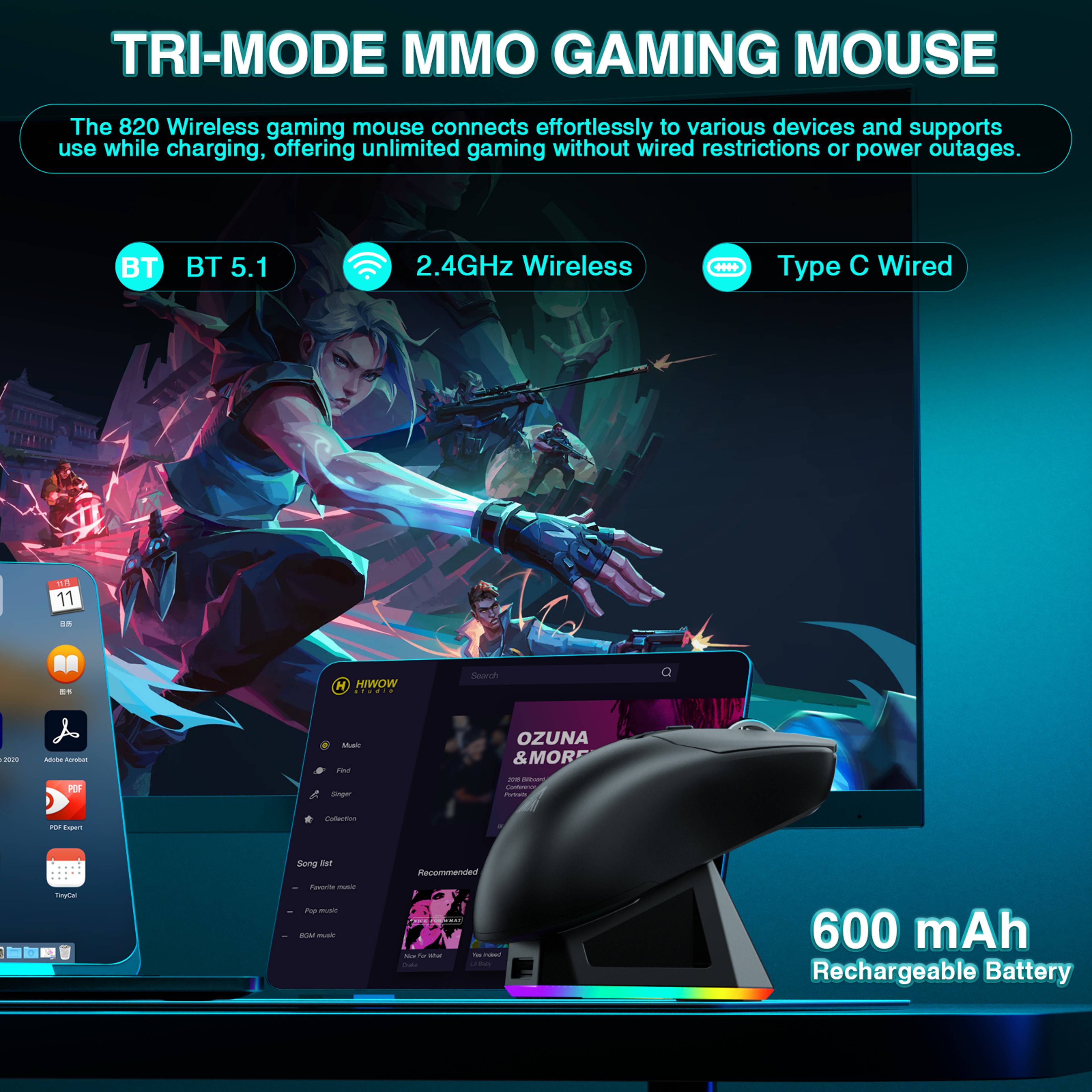 Tri Mode Wireless Gaming Mouse DPI RGB Magnetic Charging Dock Ultra Light – view 4
