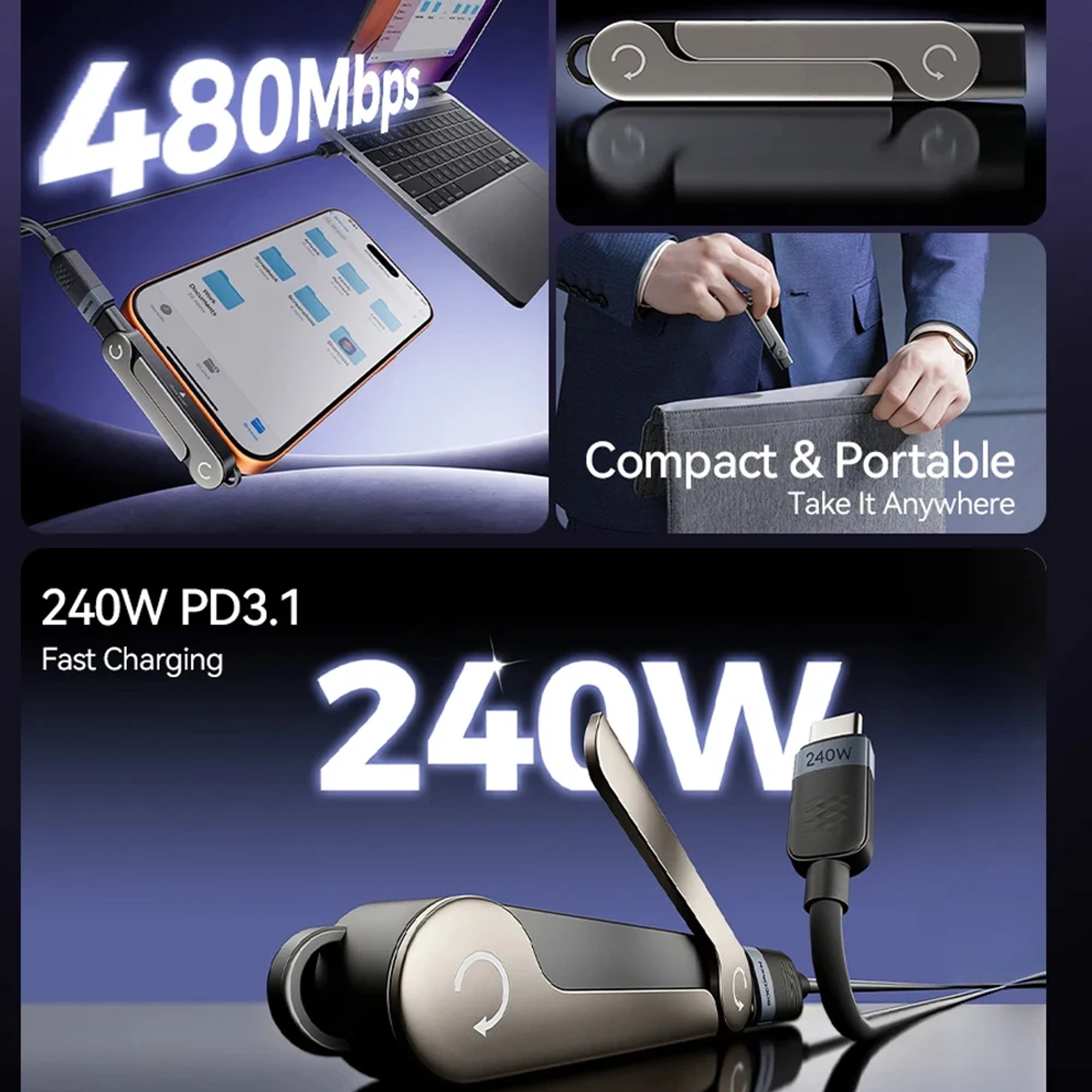 USB C Fast Charging Cable With Foldable Phone Stand  Flat Anti Tangle Design 3