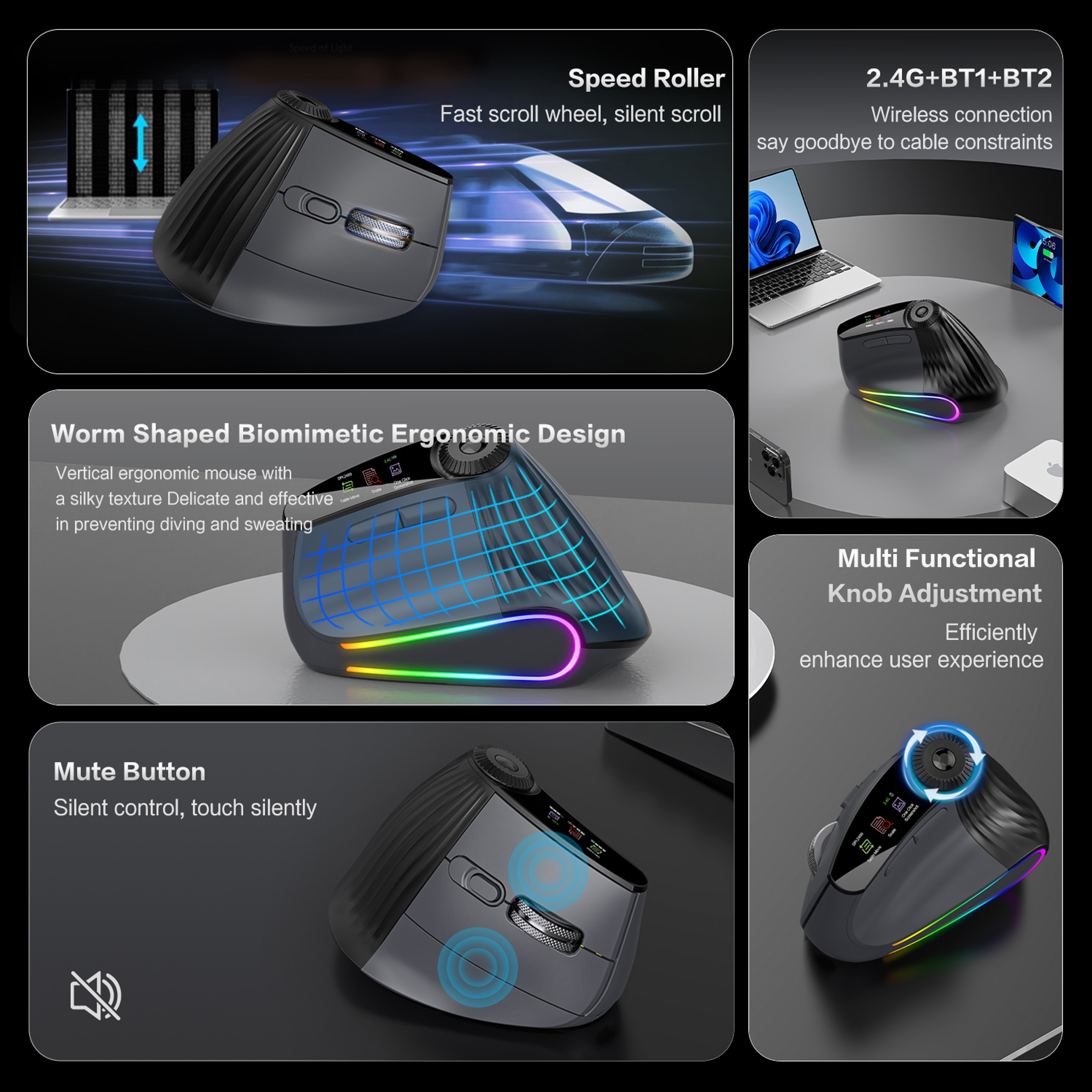 Vertical Ergonomic Bluetooth Wireless Mouse With OLED Display DPI Rechargeable Gaming Mouse 4