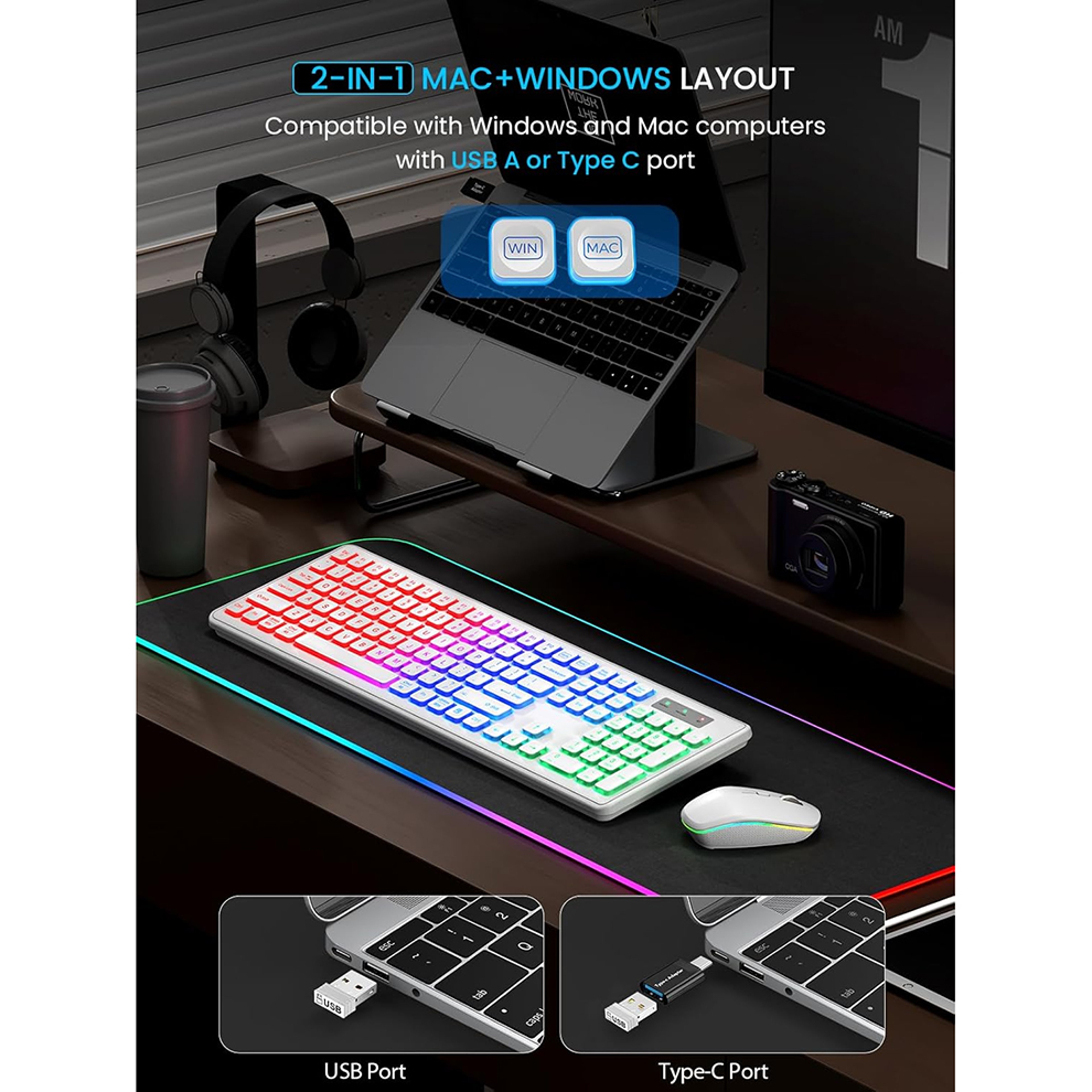 Rechargeable Backlit Wireless Keyboard And Mouse Combo With Quiet Keys For PC Laptop 3