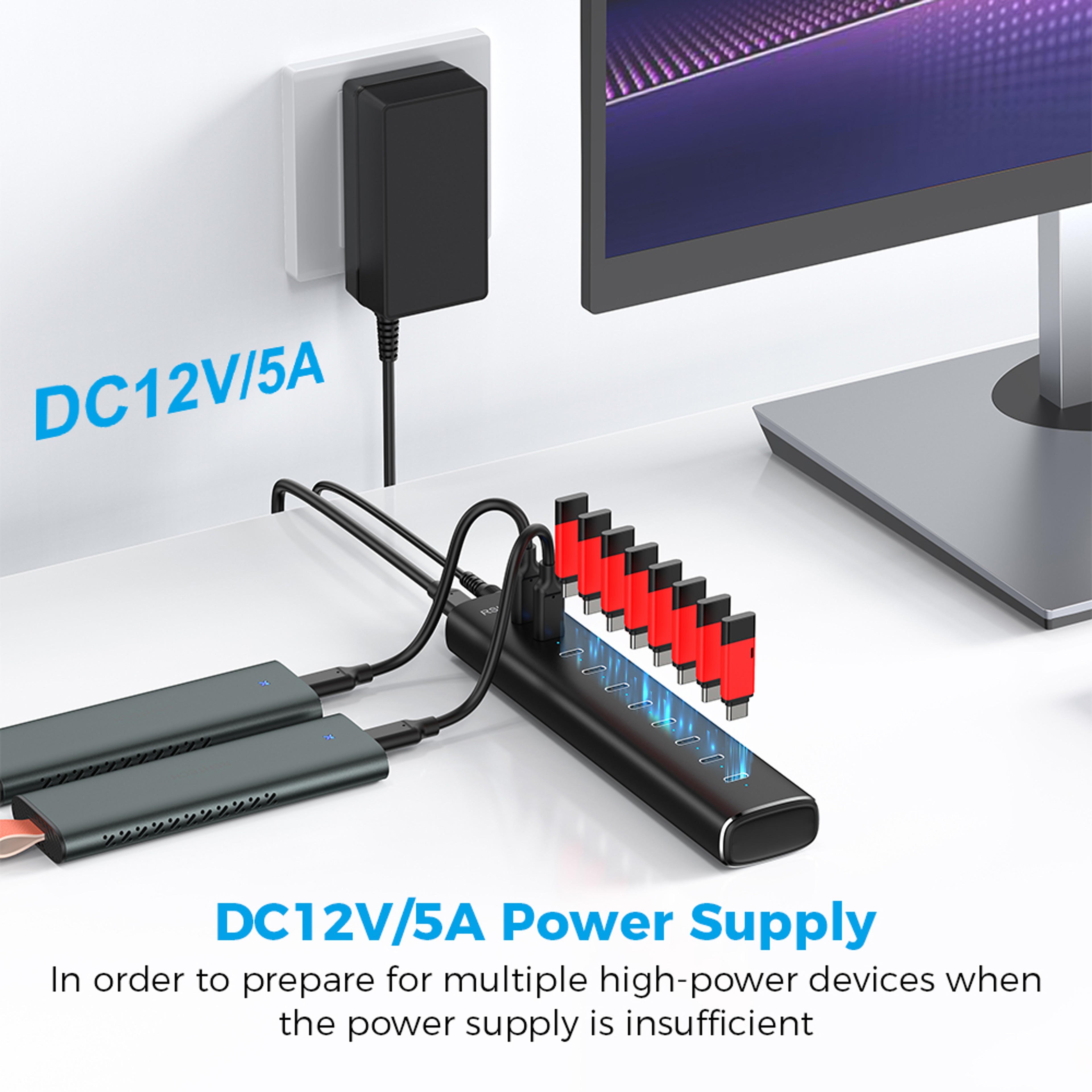 USB Hub 10Gbps USB C Hub With Powered Multi Port Data Splitter For Laptop And Desktop 4