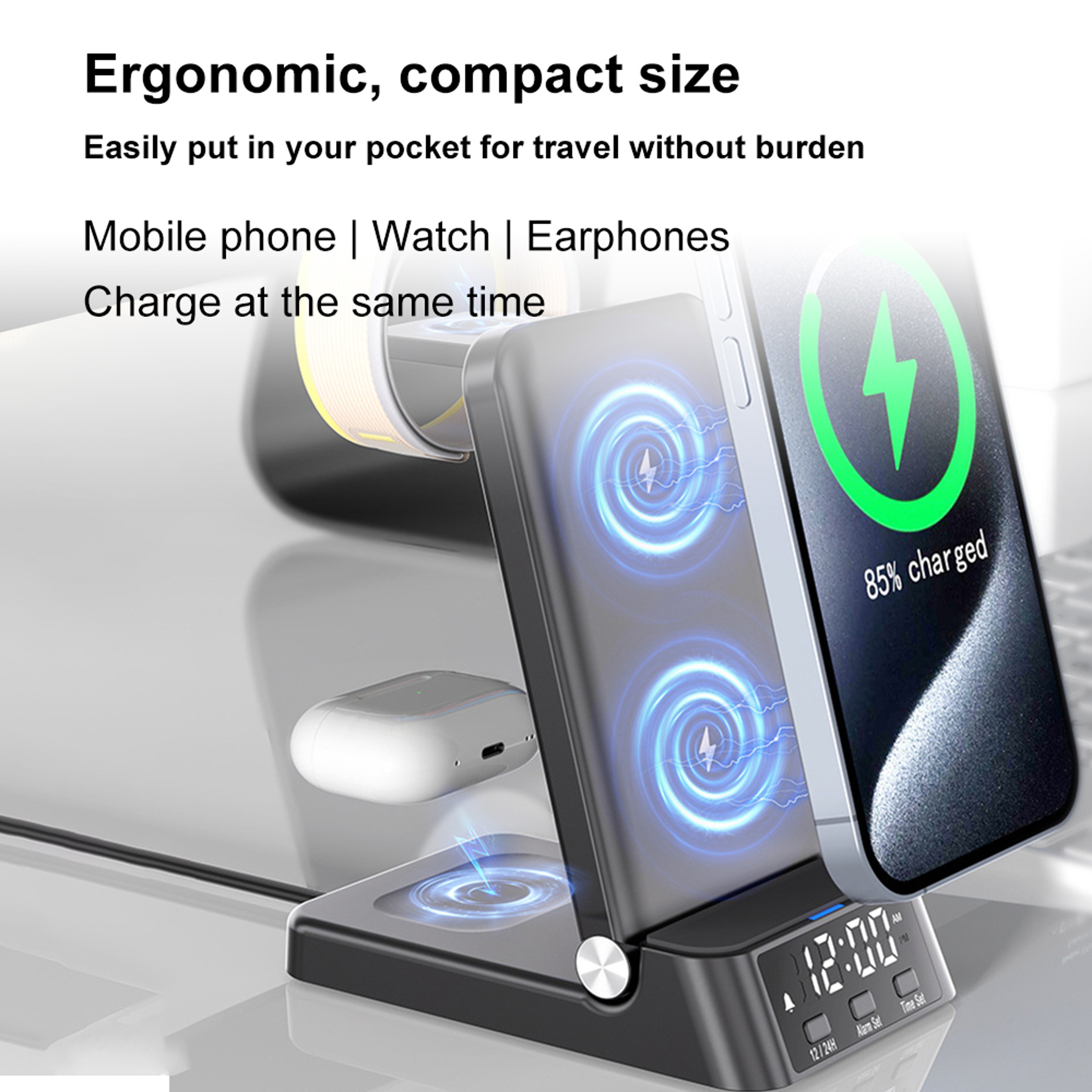 Wireless Charger With Clock Magnetic Charging Station For IPhone Samsung  Foldable Phones 4