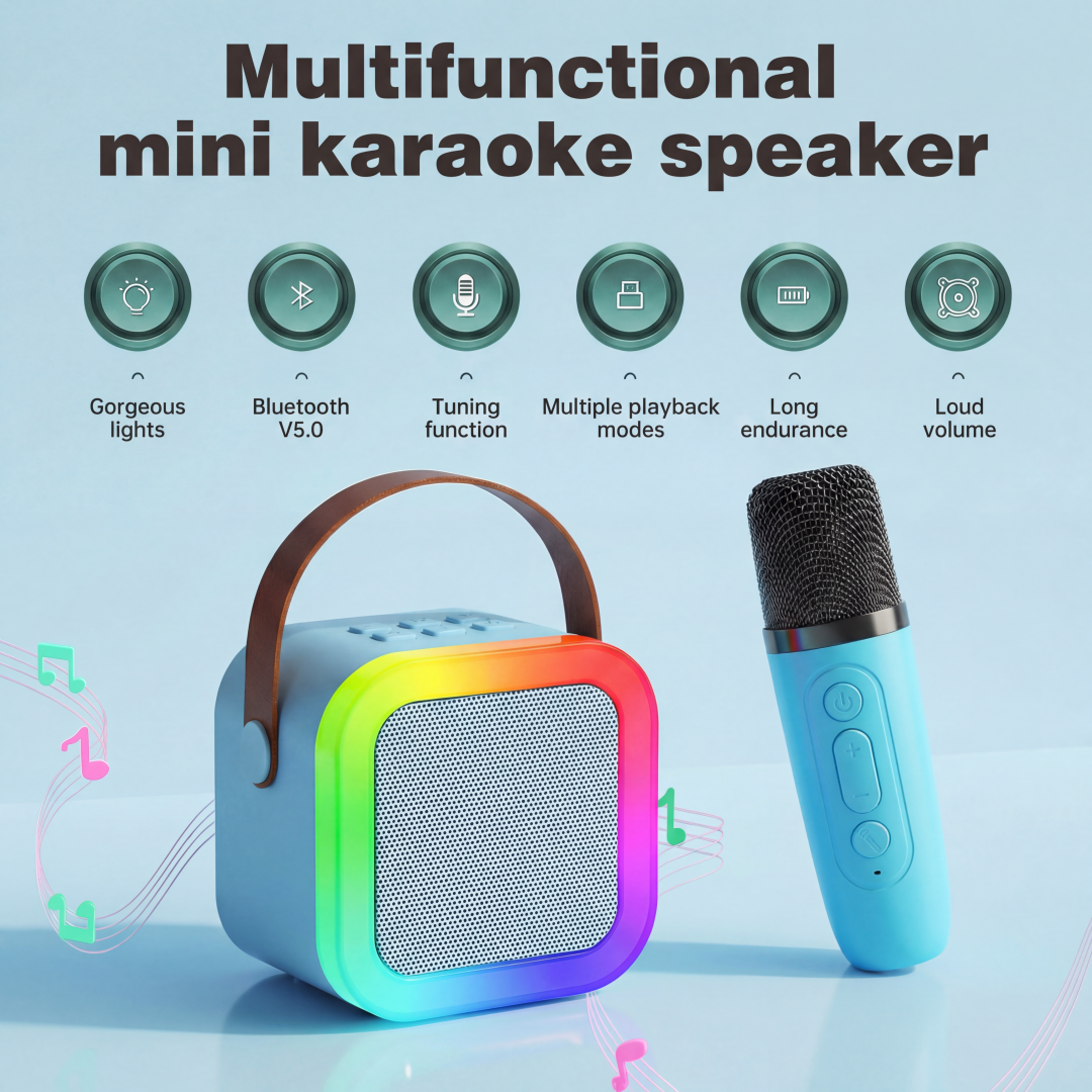 Portable Karaoke Machine With Dual Wireless Microphones Bluetooth Speaker RGB Lights 1