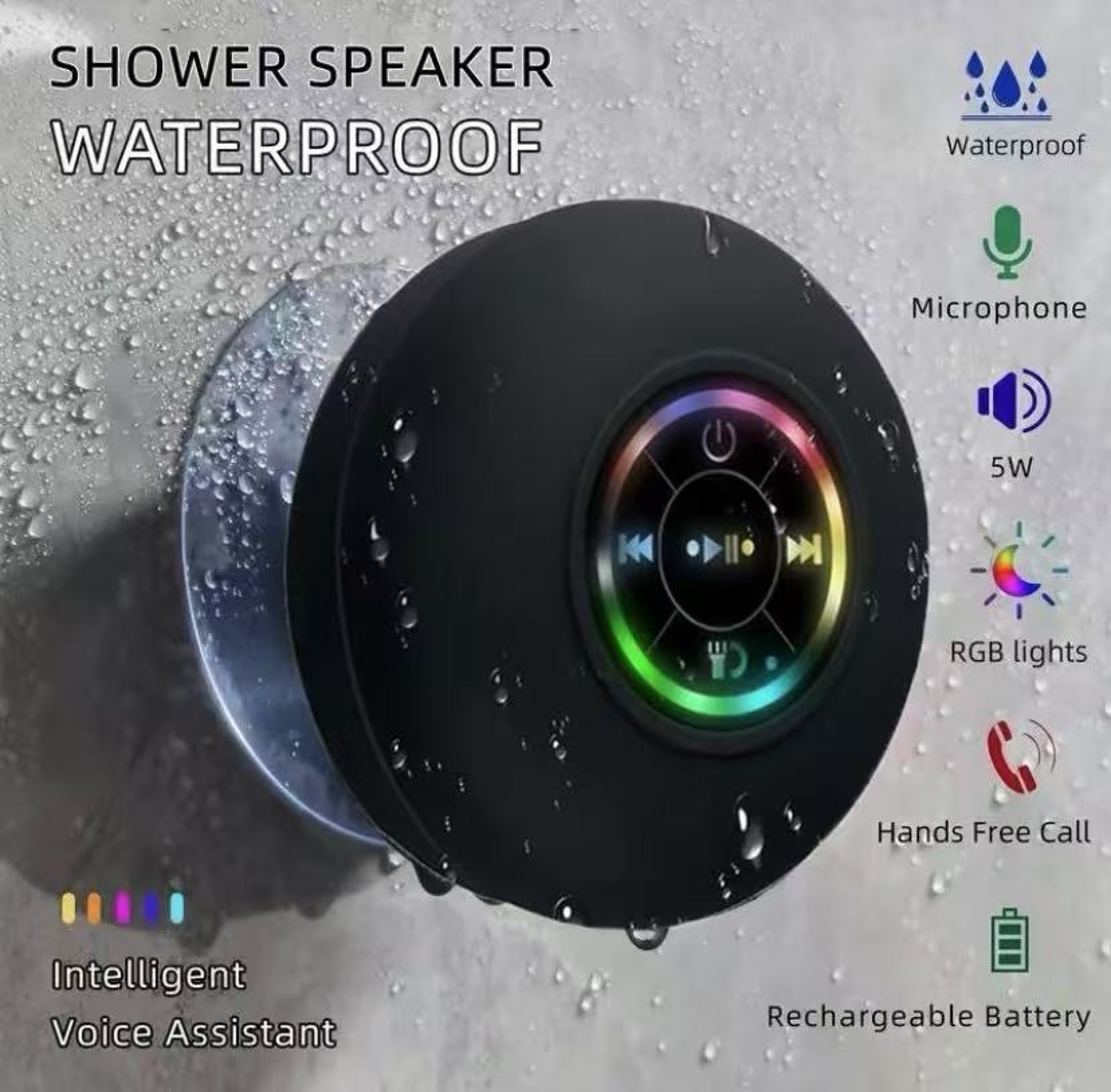 Portable Bluetooth Speaker With LED Light Waterproof Suction Cup Shower Speaker 1