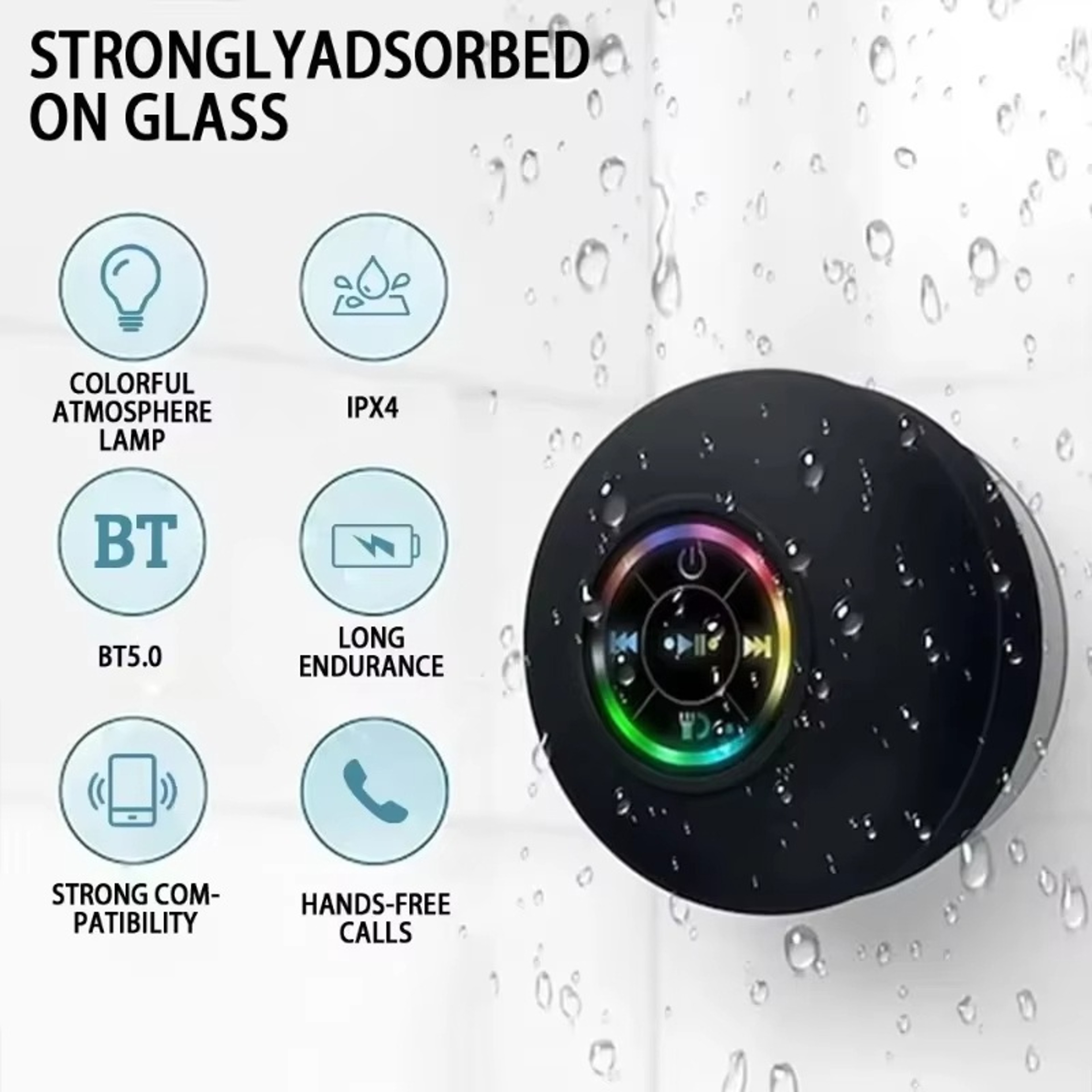 Portable Waterproof Bluetooth Speaker With Suction Cup LED Light For Shower  Travel 1