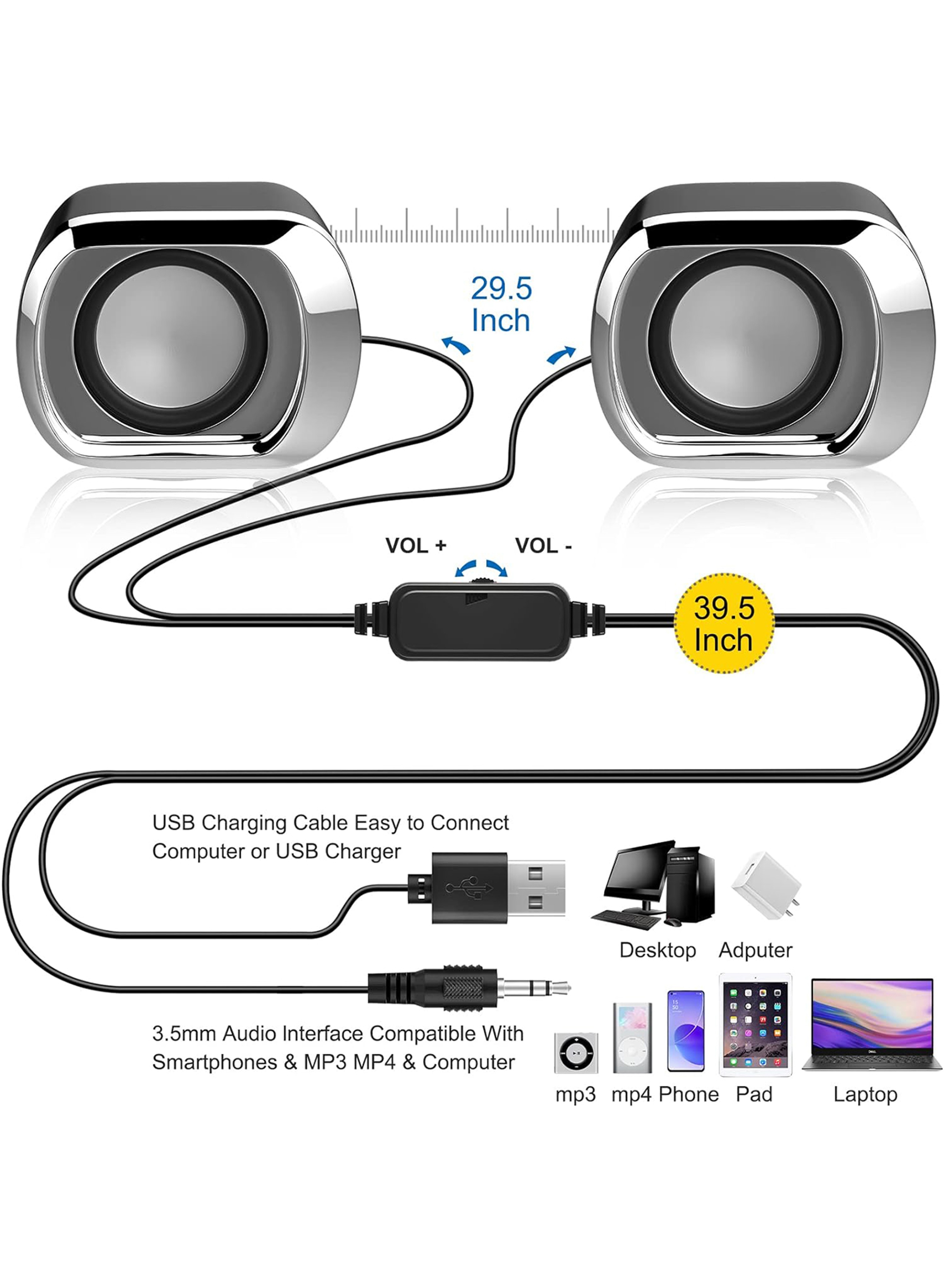 Compact USB Computer Speakers With Volume Control For Laptop  Desktop 3