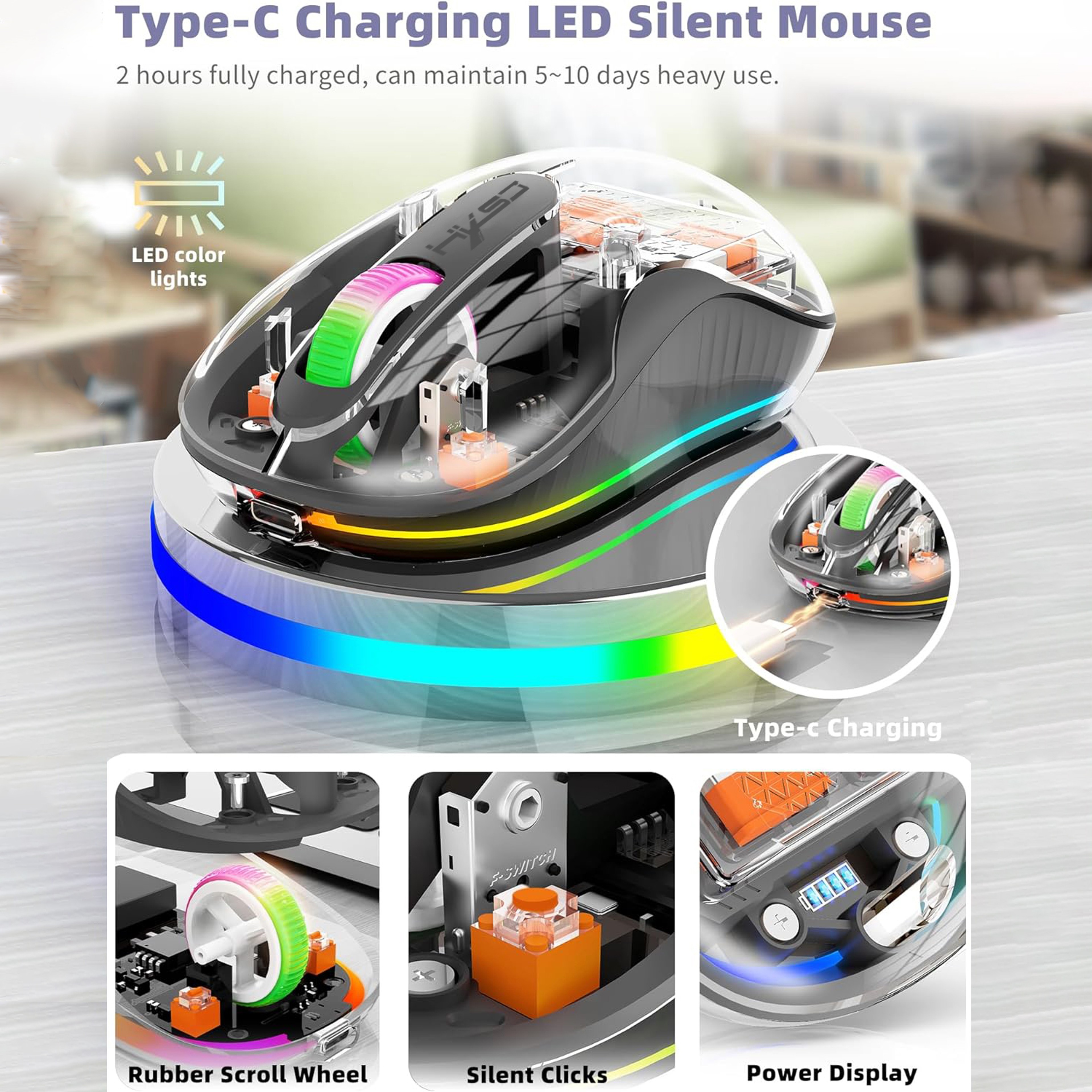 Transparent Wireless Mouse Tri Mode Silent Rechargeable Bluetooth Mouse 2