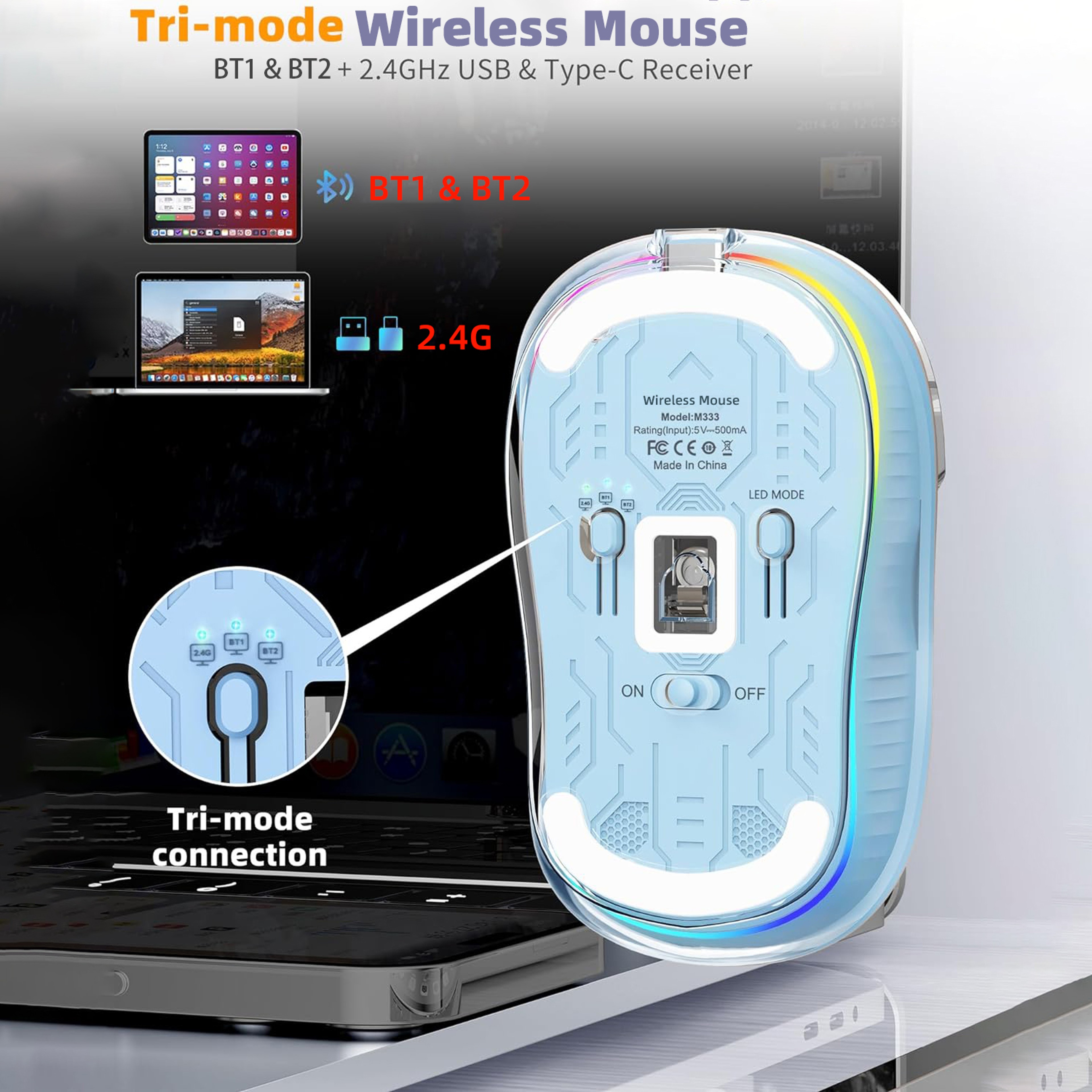 Transparent Wireless Mouse Tri Mode Silent Rechargeable Bluetooth Mouse 5