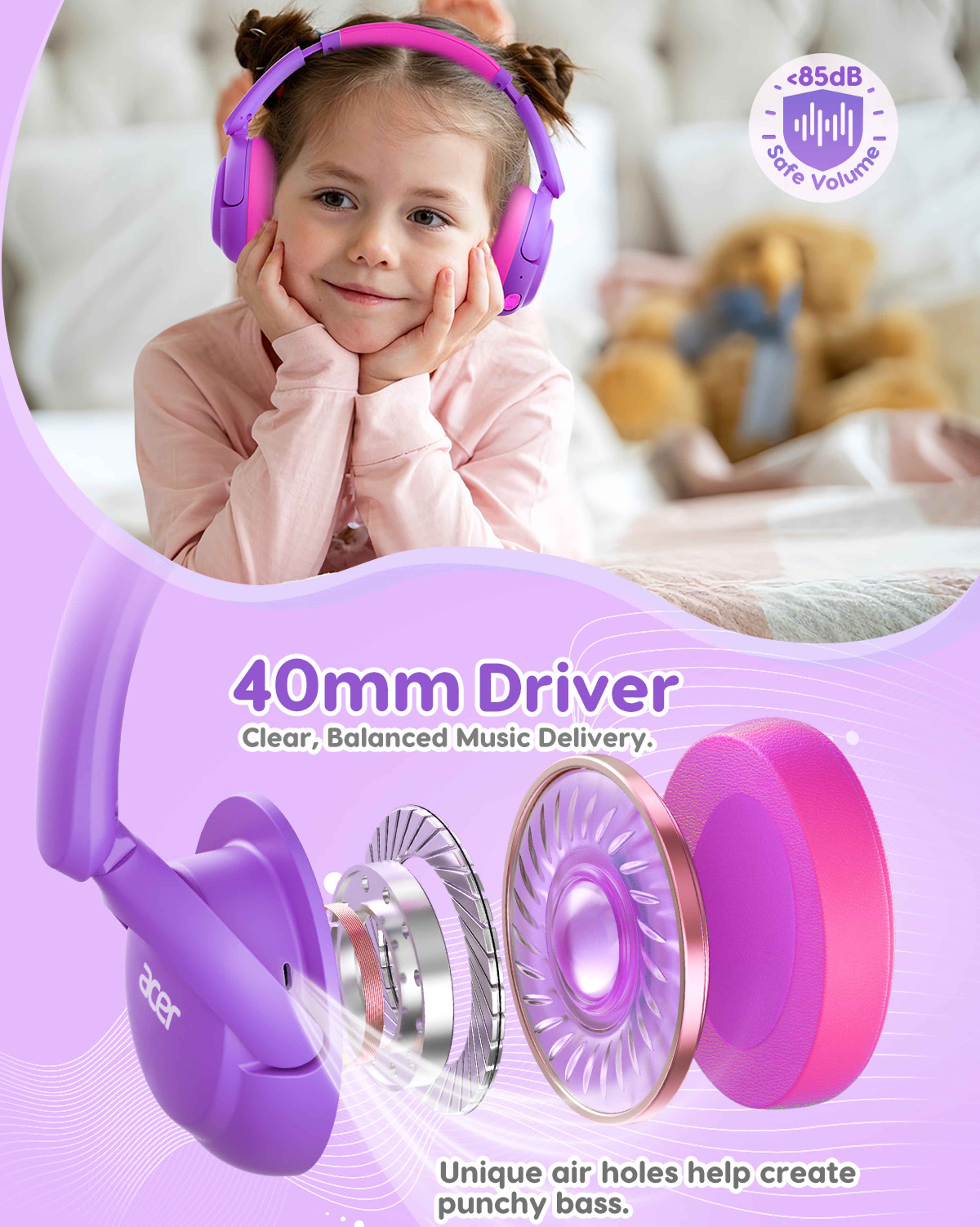 SafeSound Kids Bluetooth Headphones With Mic Volume Limit Foldable Wireless Over Ear Headset 7