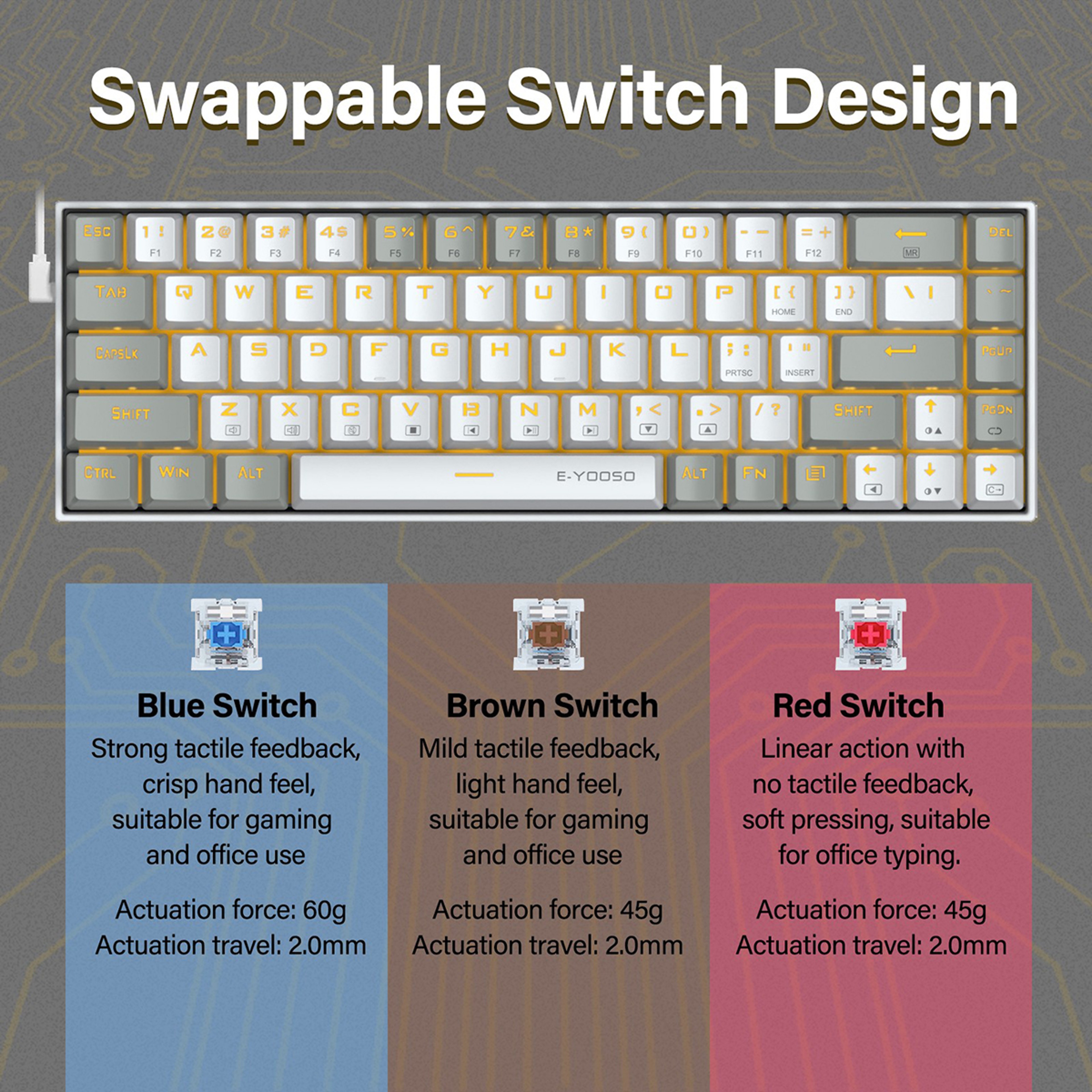 Hot Swappable Mechanical Keyboard With Yellow Backlight NKRO Wired Gaming Keyboard 5