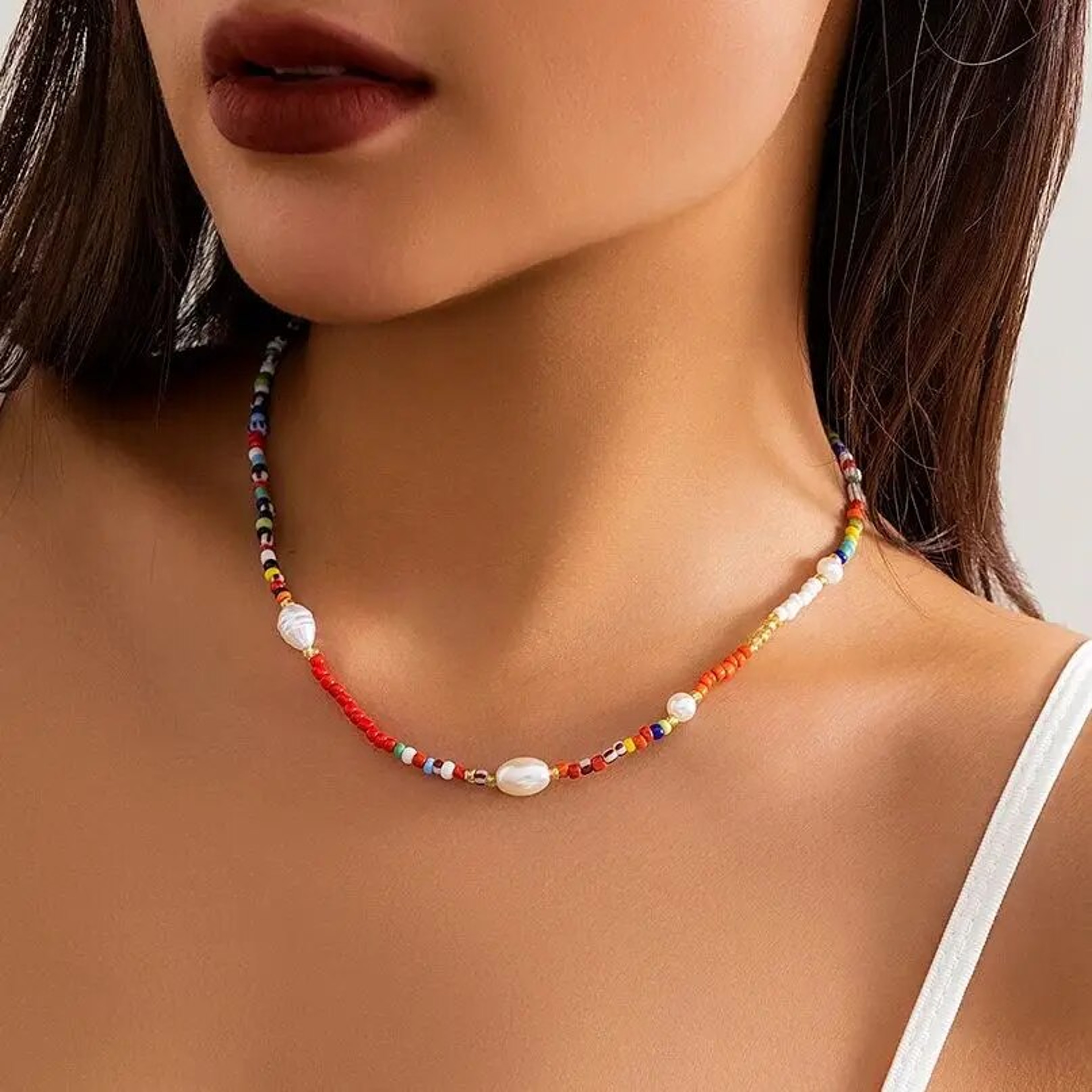 Boho Colorful Beaded Choker Necklace With Pearl Accents For Women 0