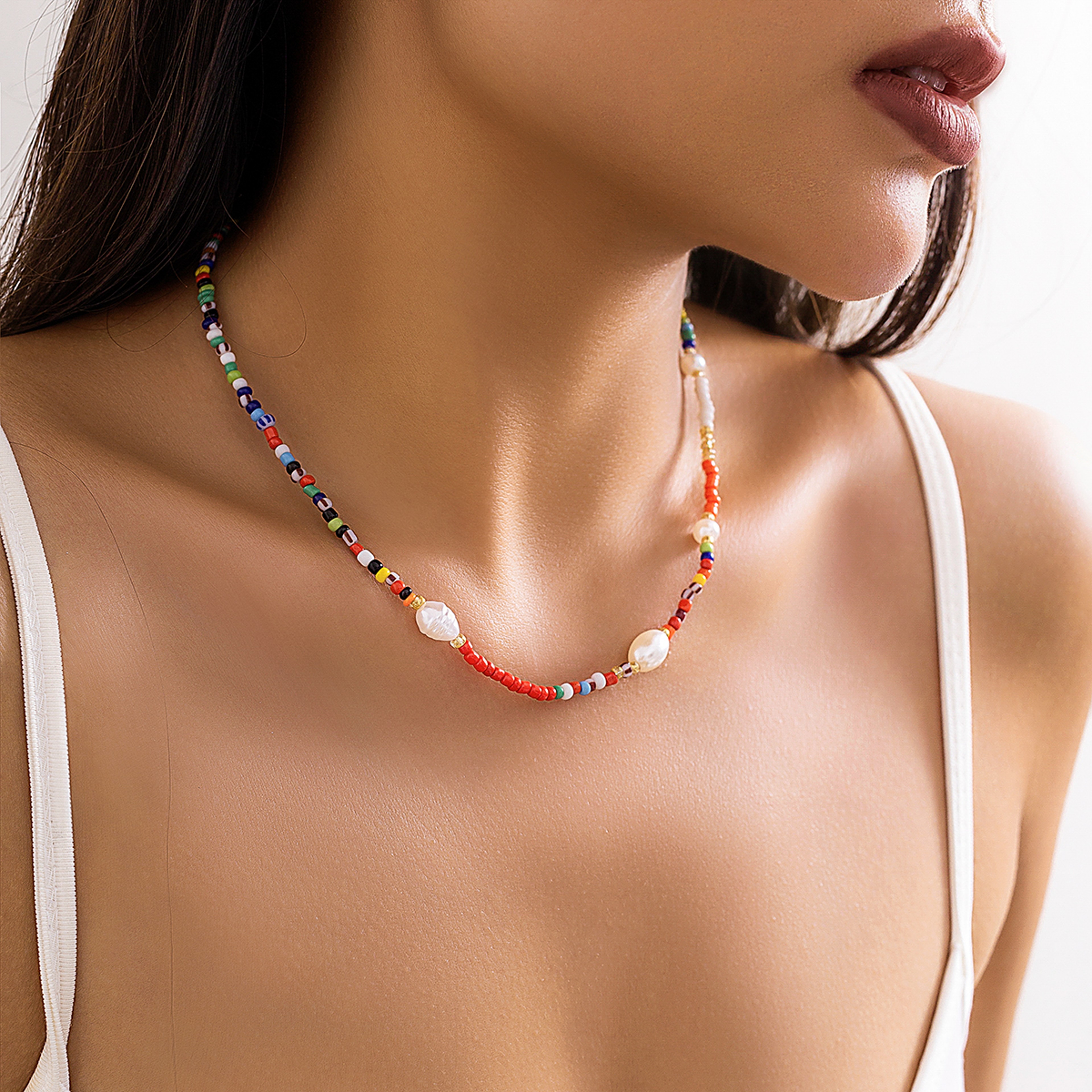 Boho Colorful Beaded Choker Necklace With Pearl Accents For Women 1