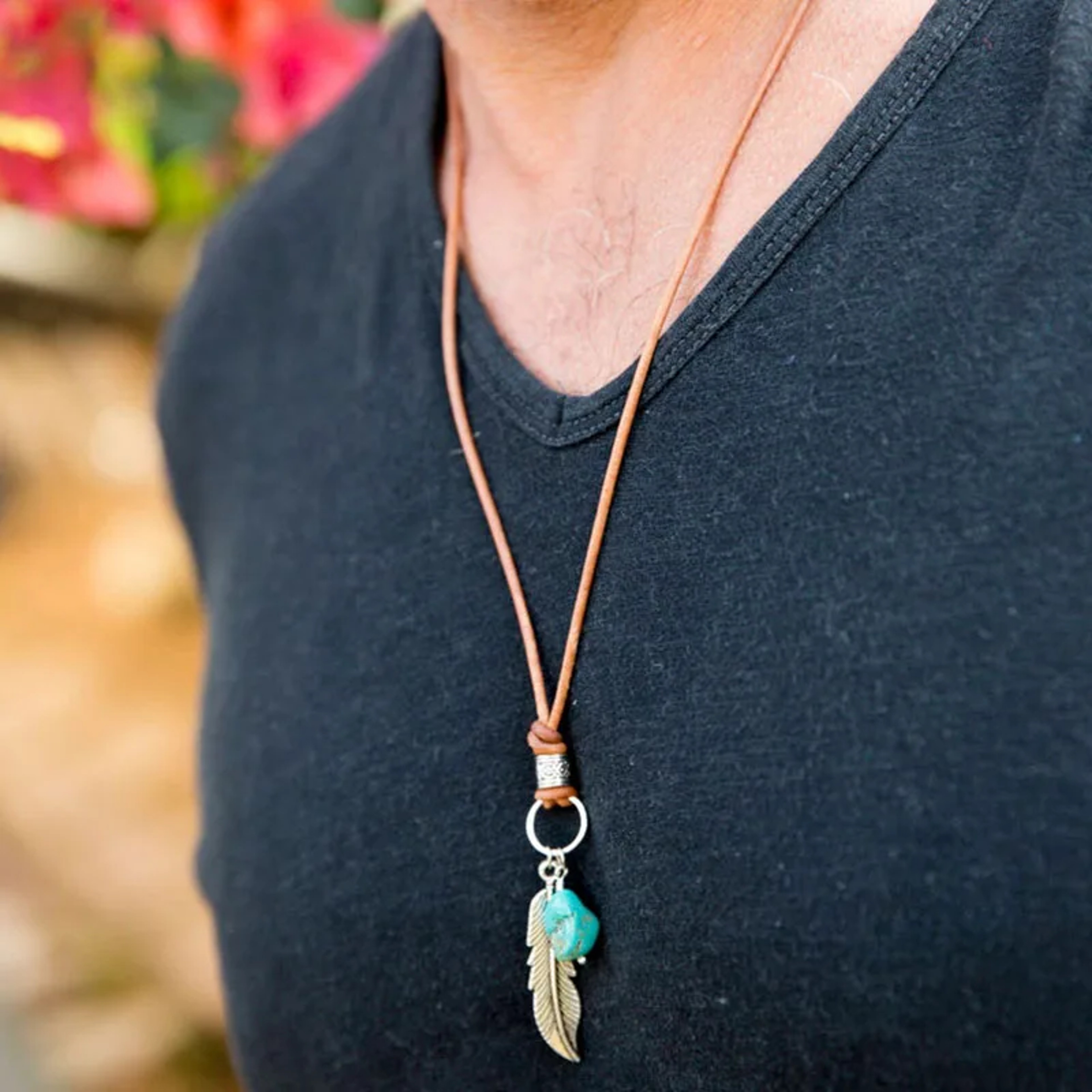 Maroon Mens Leather Necklace with Feather Pendant Necklace Bohemian Tribal Style – view 1